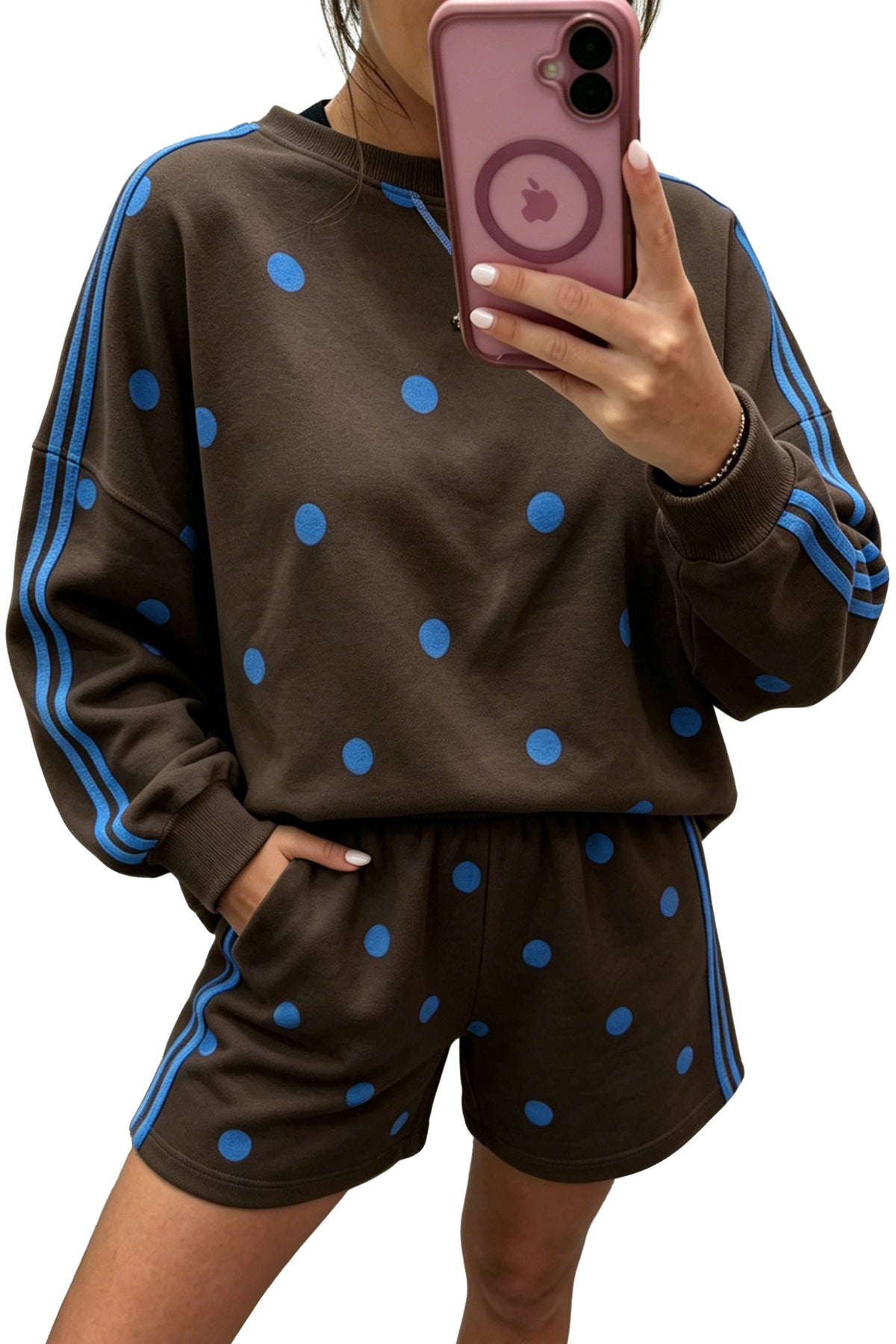 Brown Polka Dot Print Varsity Striped Detail Long Sleeve Top Short Set