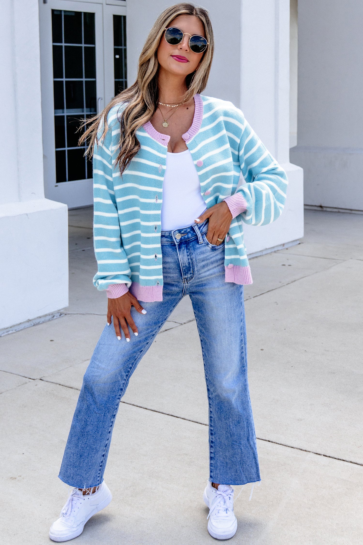 Sky Blue Stripe Striped Long Sleeve Round Neck Open Front Cardigan