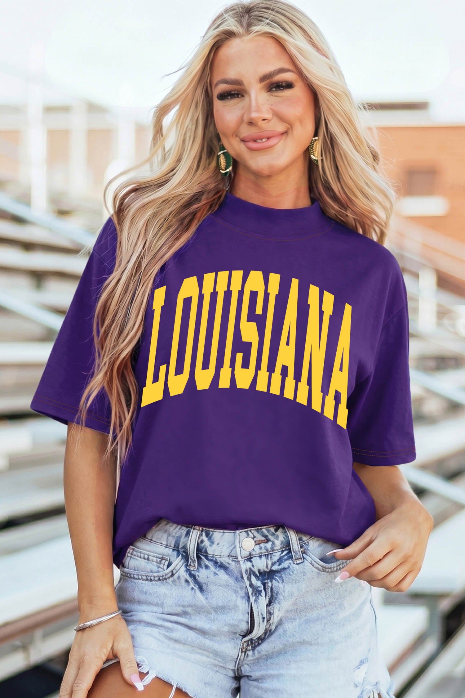 Tillandsia Purple LOUISIANA/ TIGERS Double Side Printed High Neck Reversible Casual Tee
