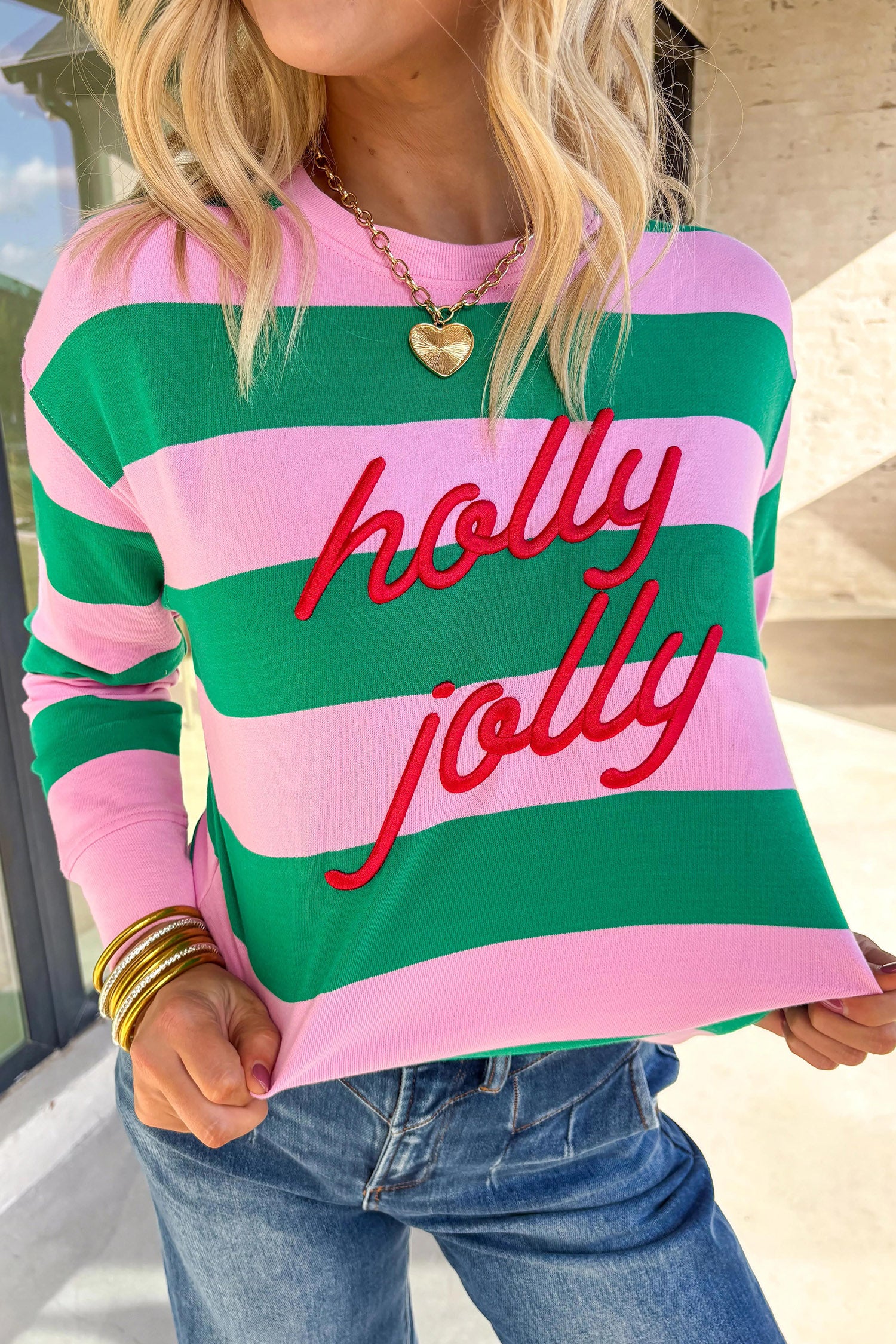 Green Stripe holly jolly Letter Embroidered Pullover Sweatshirt