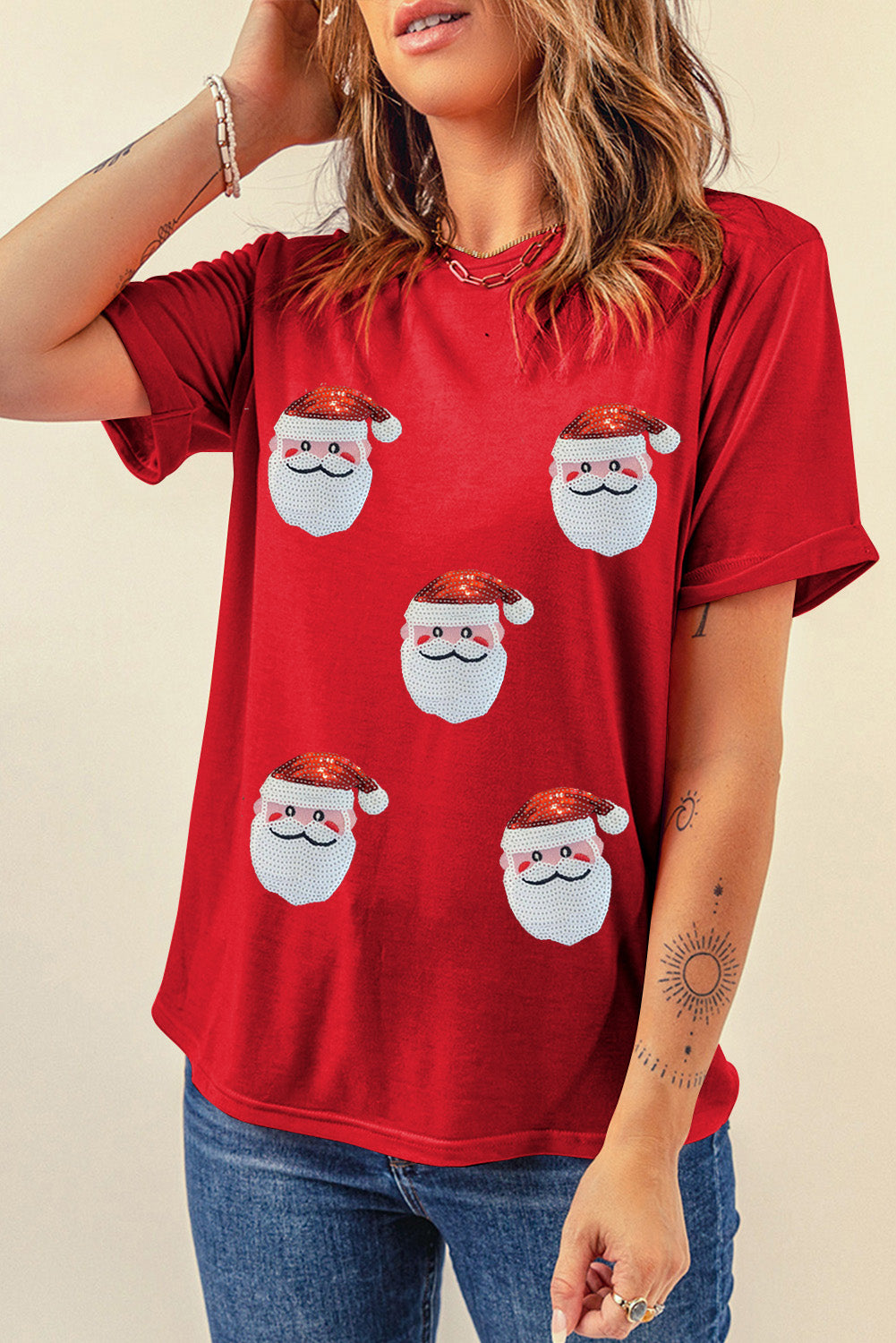 Red Faux Sequin Christmas Claus Pattern Crewneck T Shirt