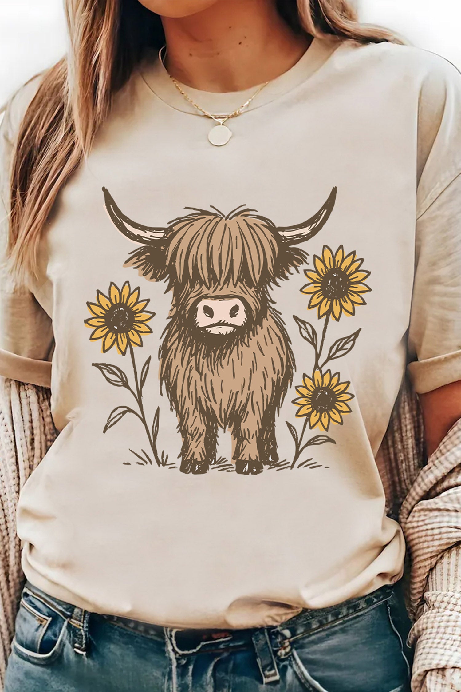 Khaki Western Print Highland Cow Graphic T-Shirt