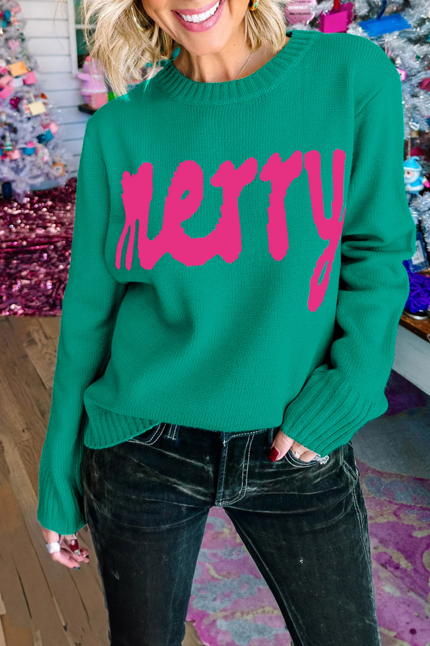 Bright Green Merry Print Ribbed Trim Round Neck Loose Fit Sweater