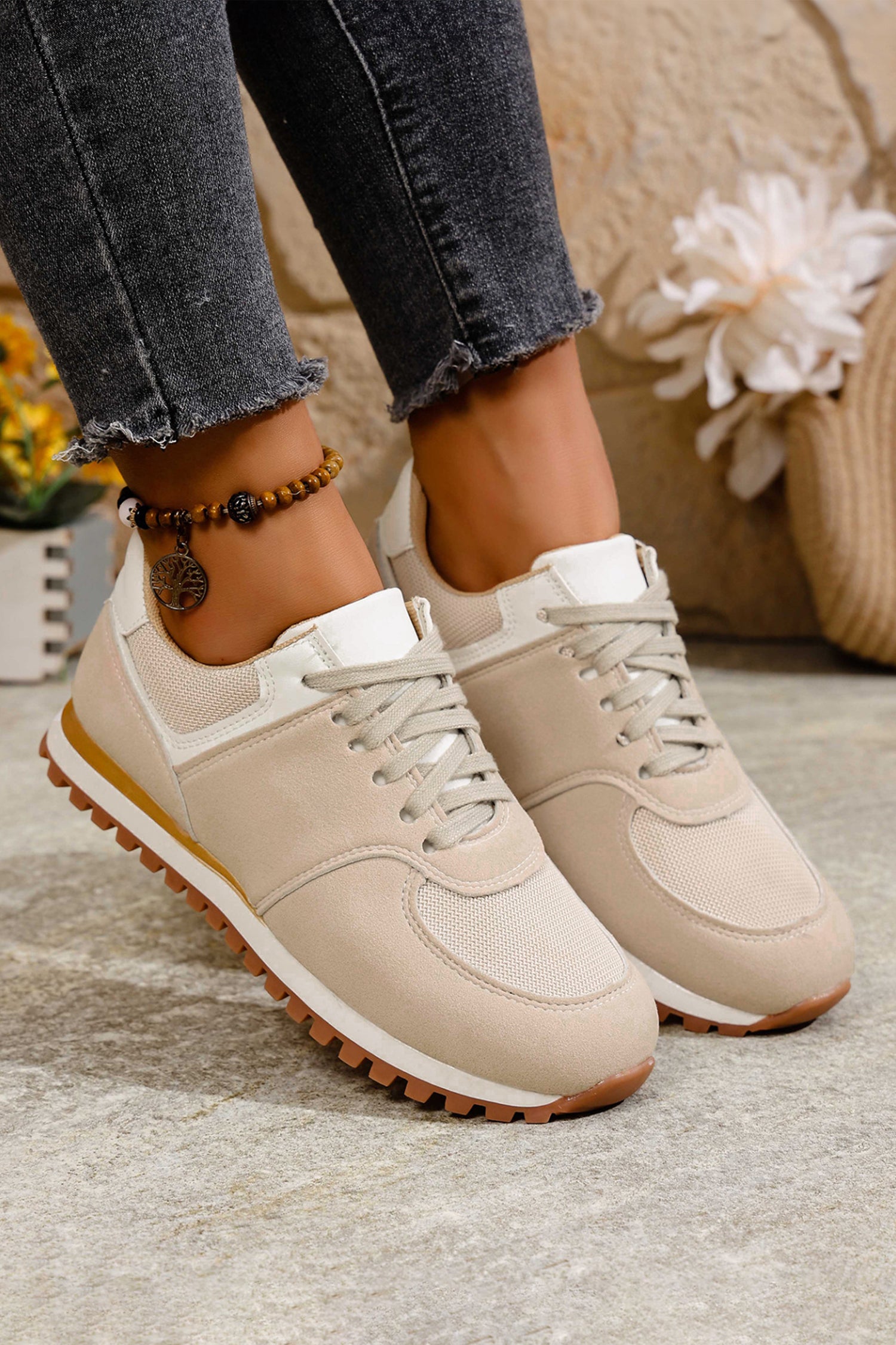 Beige Faux Suede Mixed Patchwork Retro Jogger Sneakers