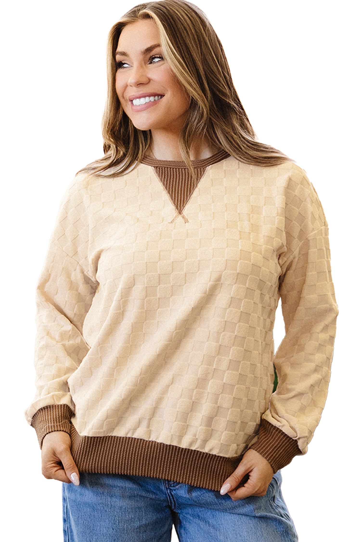 Parchment Plush Checkered Contrast Twisted Rib Long Sleeve Top
