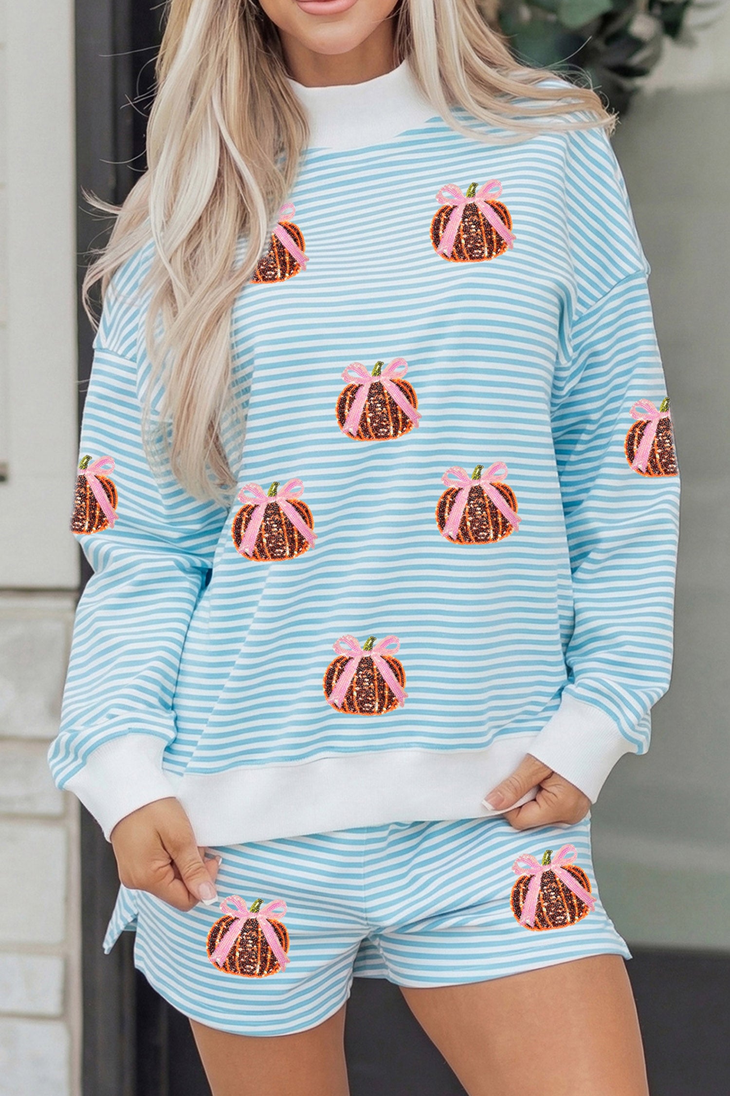 Sky Blue Stripe Sequined Pumpkin Baggy Pullover Casual Shorts Two-Piece Set