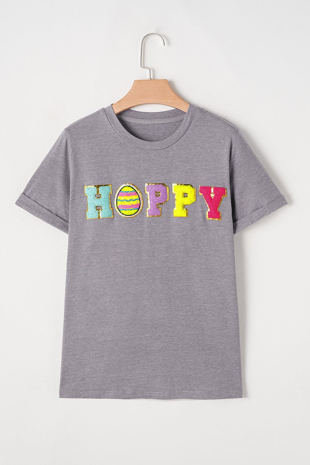 Gray Easter Egg HOPPY Chenille Patched Pattern T Shirt