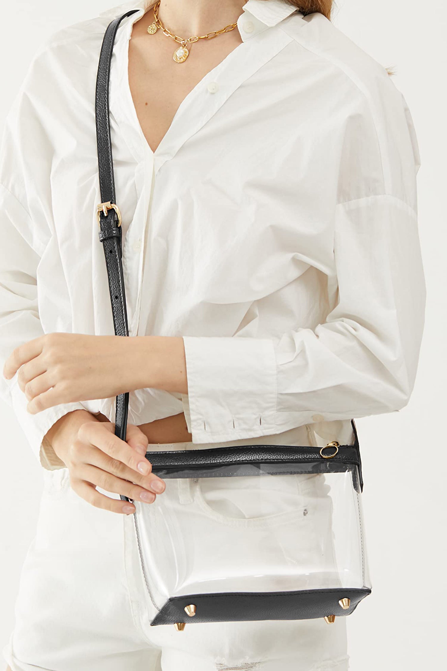 Color black PU Leather Patchwork Clear PVC Shoulder Bag