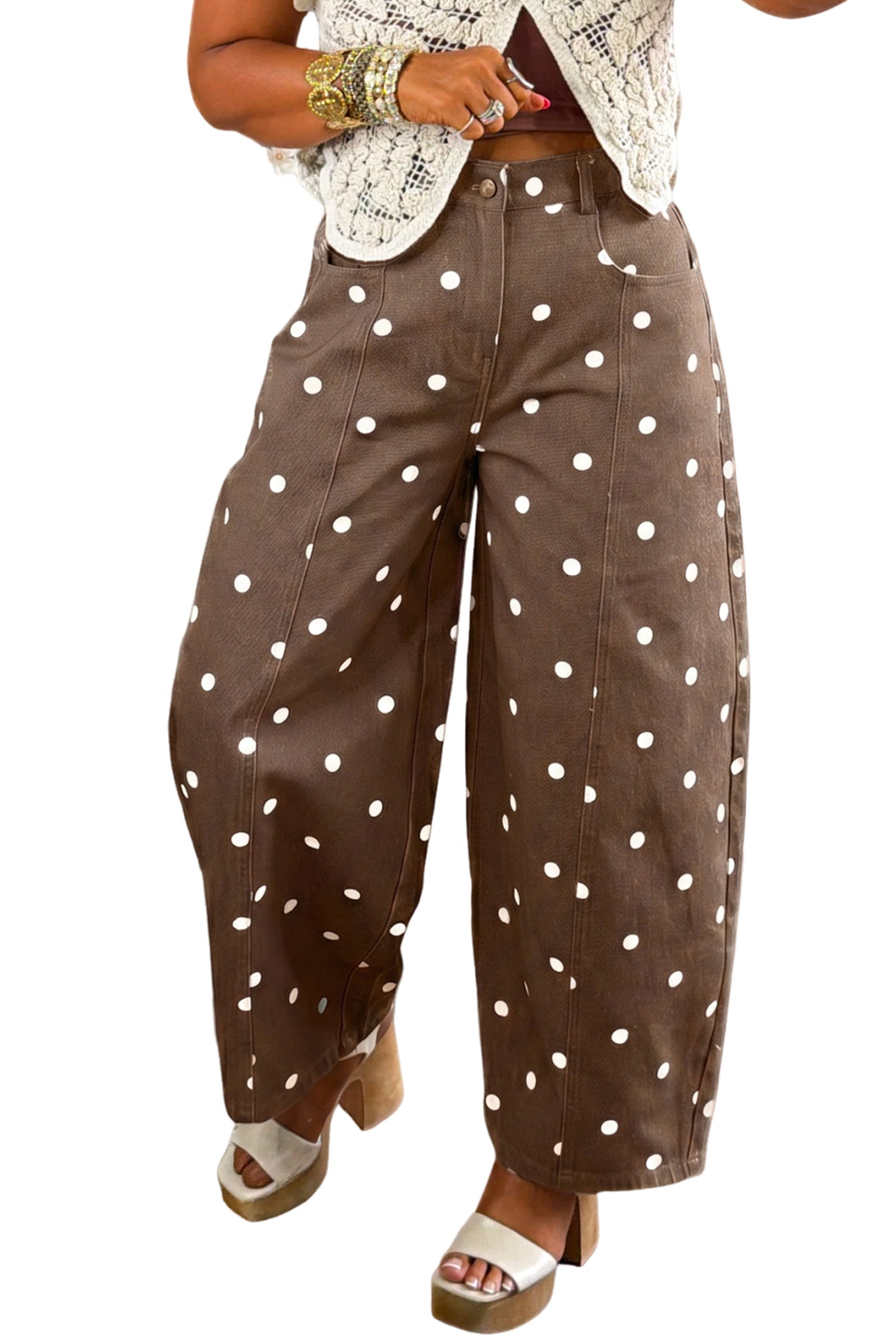Brown Tailored Seam Polka Dot Print Barrel Casual Jeans