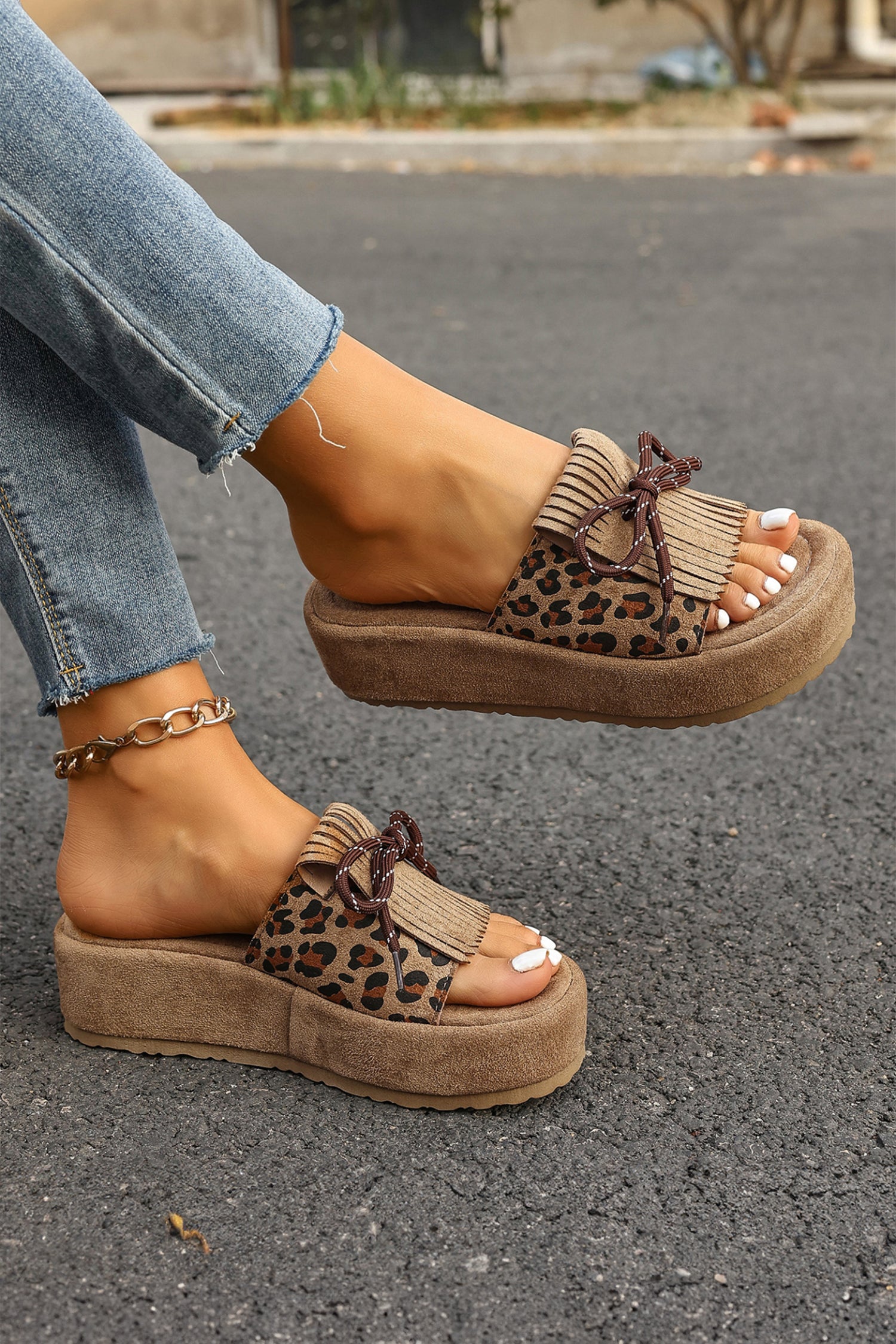 Coffee Leopard Faux Suede Slashed Lace-up Detail Platform Slippers