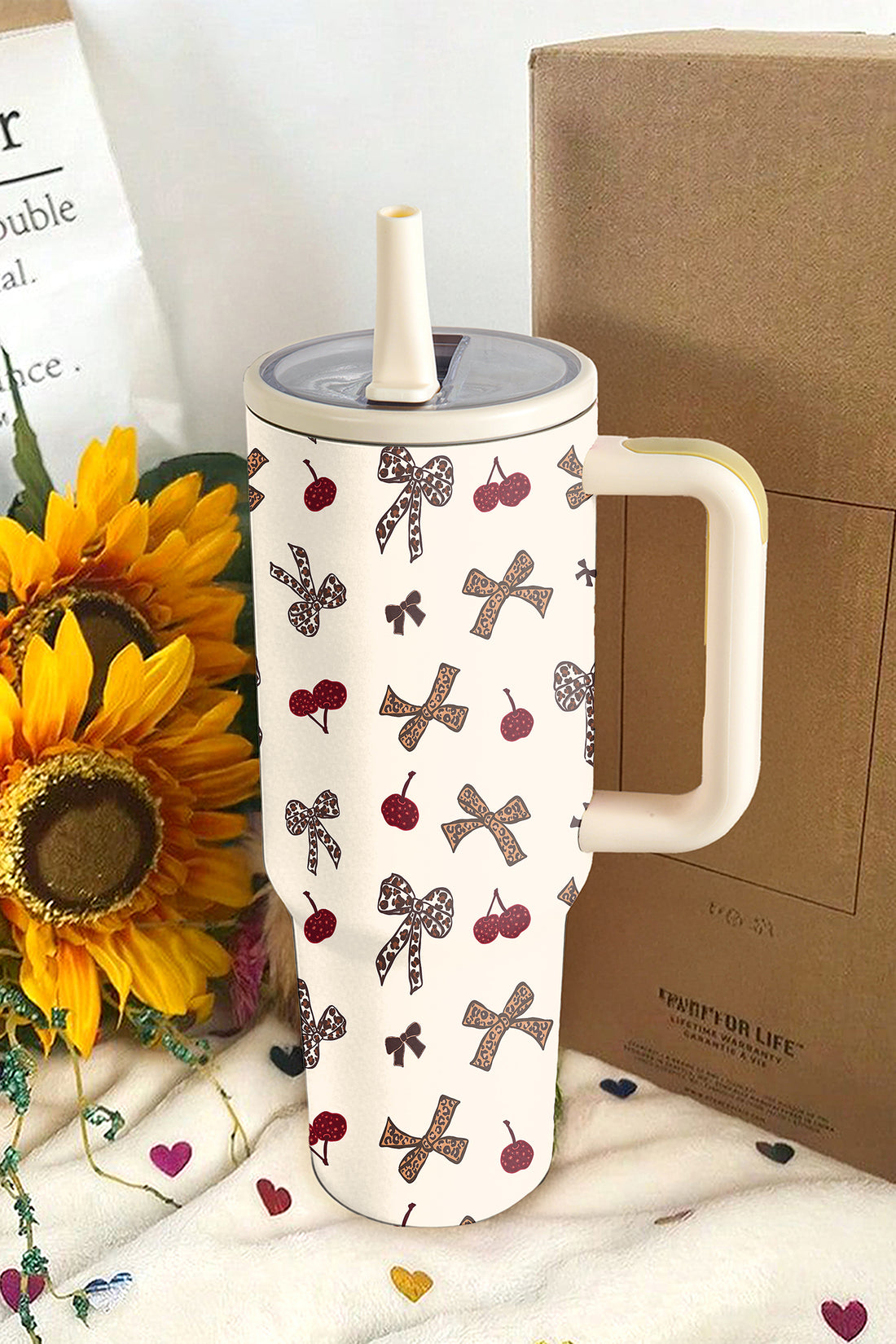 White Leopard Cheery Bow Printed Single Handle Flip Straw Travel Cup