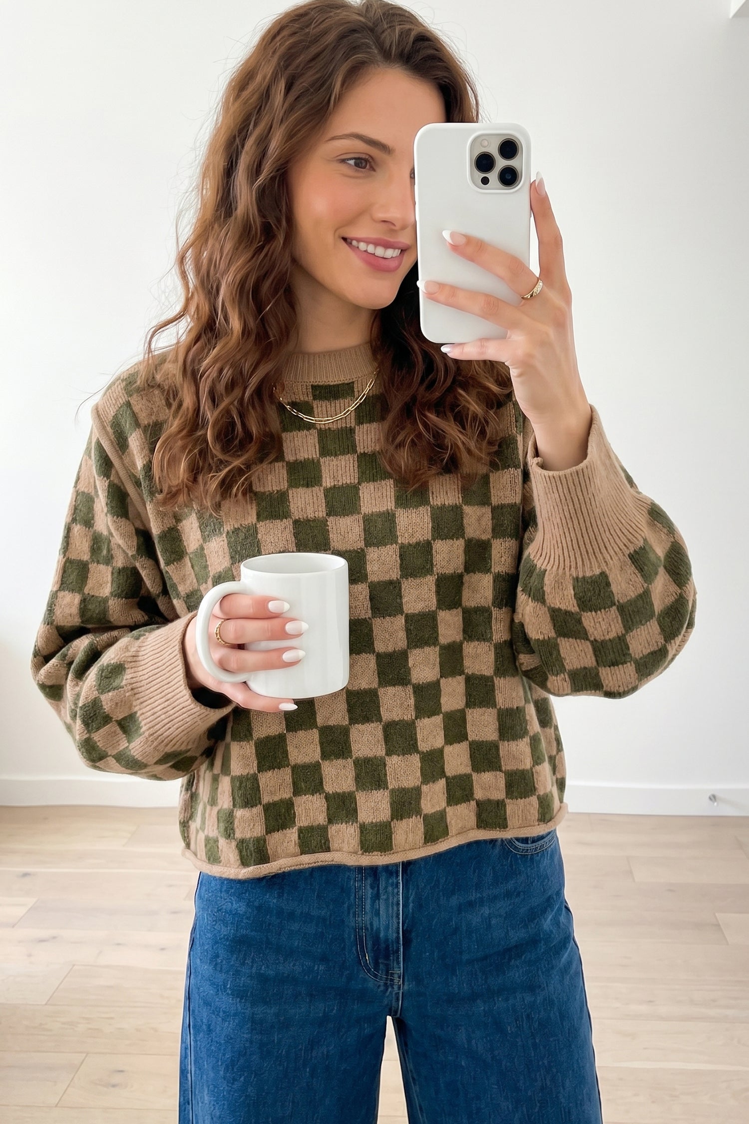 Multicolour Drop Shoulder Plaid Knit Long Sleeve Sweater