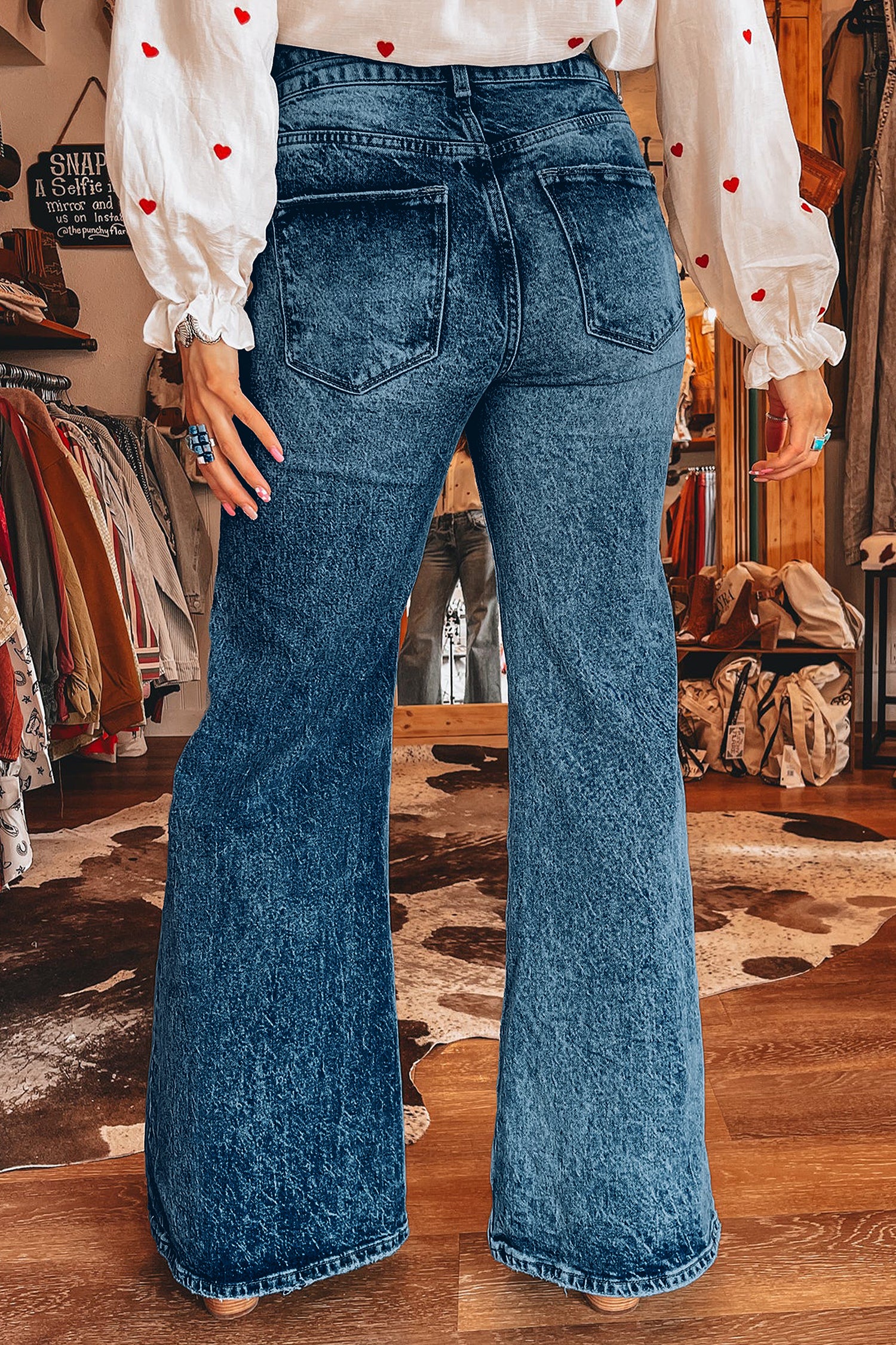 Sail Blue Acid Wash Pocket Detail Flare Jeans