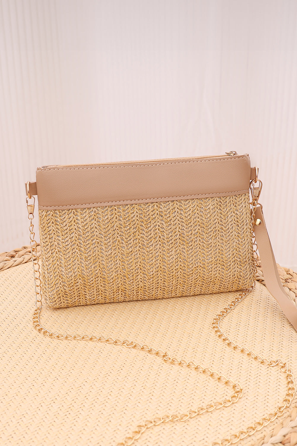 Light French Beige PU Leather Patchwork Faux Straw Woven Single Shoulder Bag