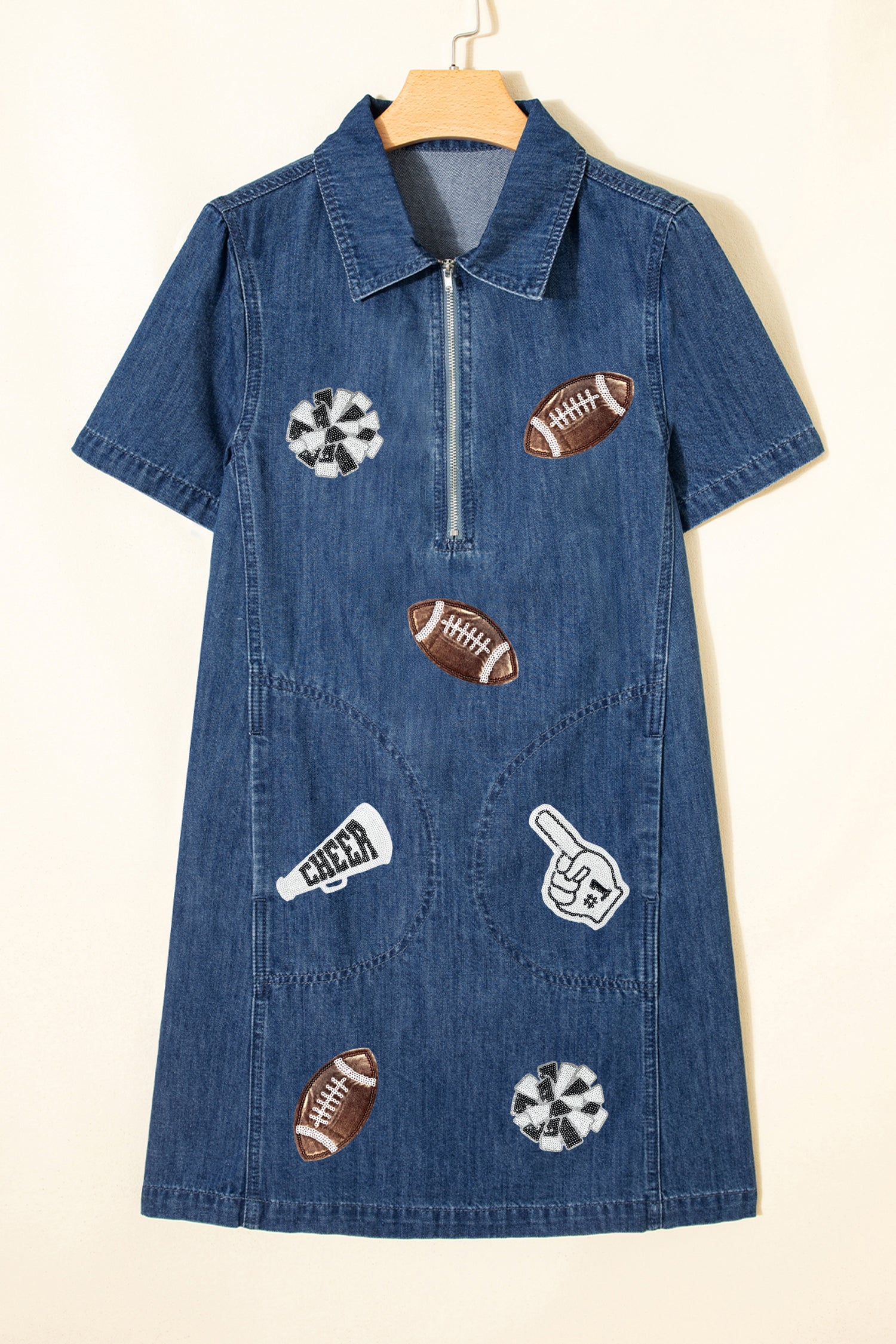 Blue Sequin Football Cheer Patches Game Day Denim Mini Dress