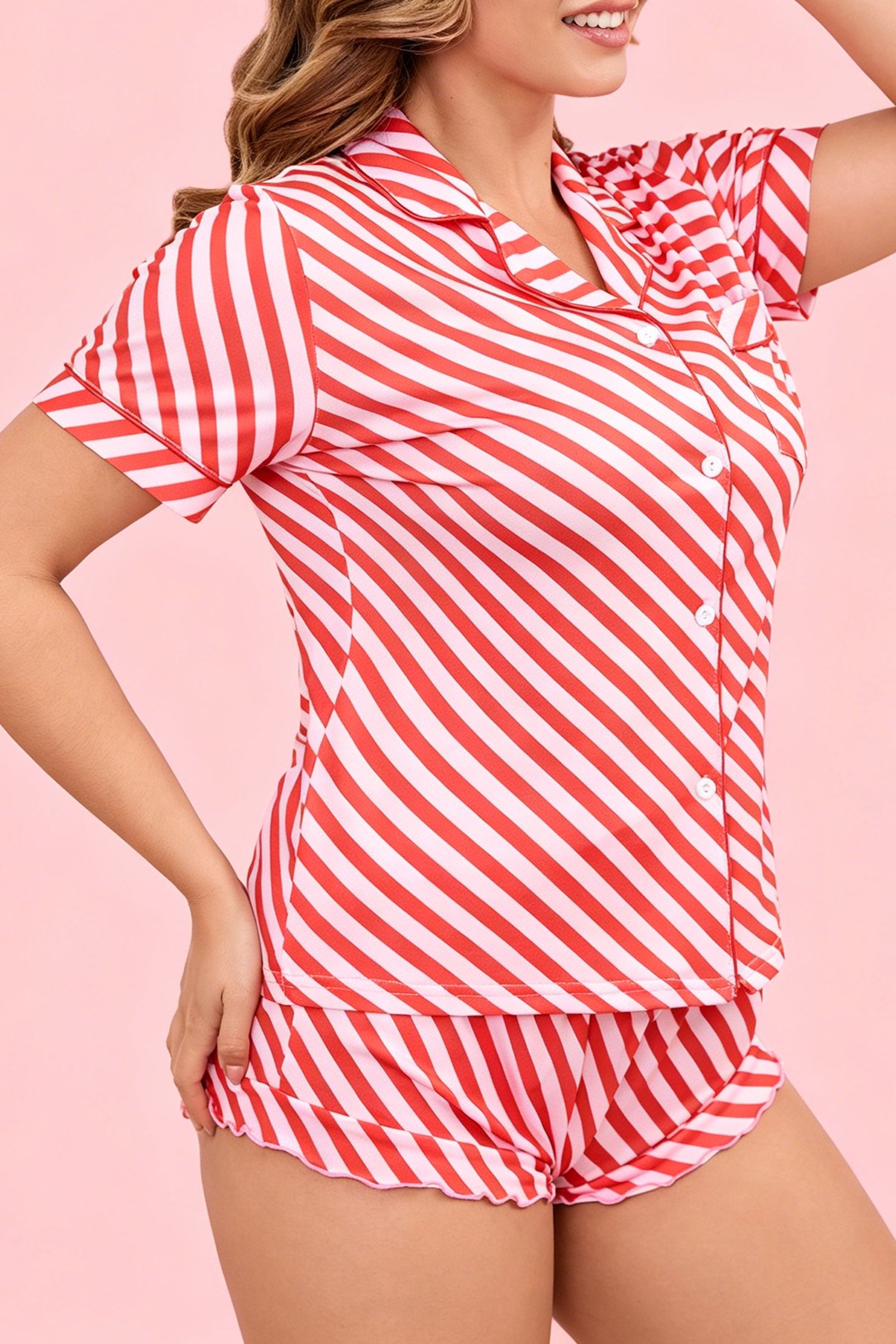 Red Stripe Piping Trim Button Front Pocket Short Sleeve Top and Shorts Pajama Set
