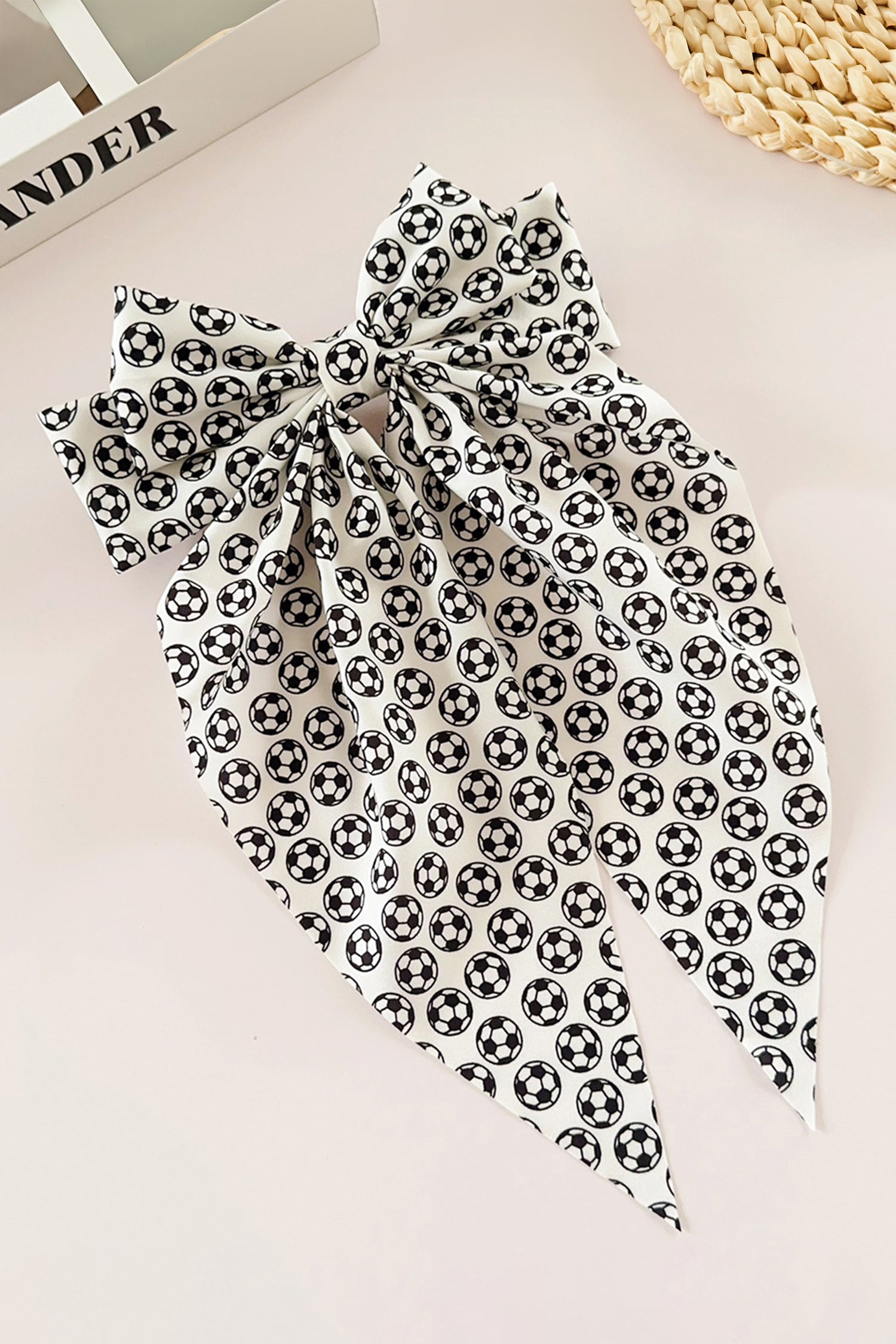 White Soccer Football Allover Ribbon Bow Hair Clip