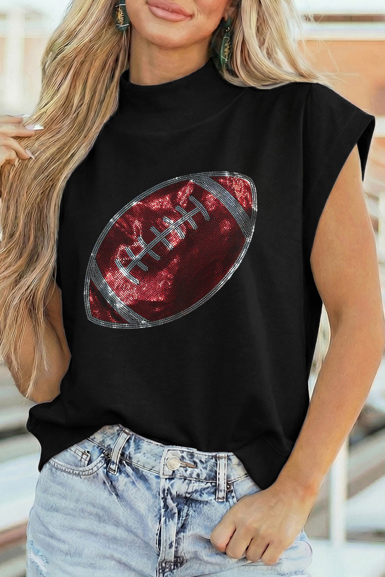 Black Rhinestone Rugby Football Pattern High Neck Short Sleeve Top