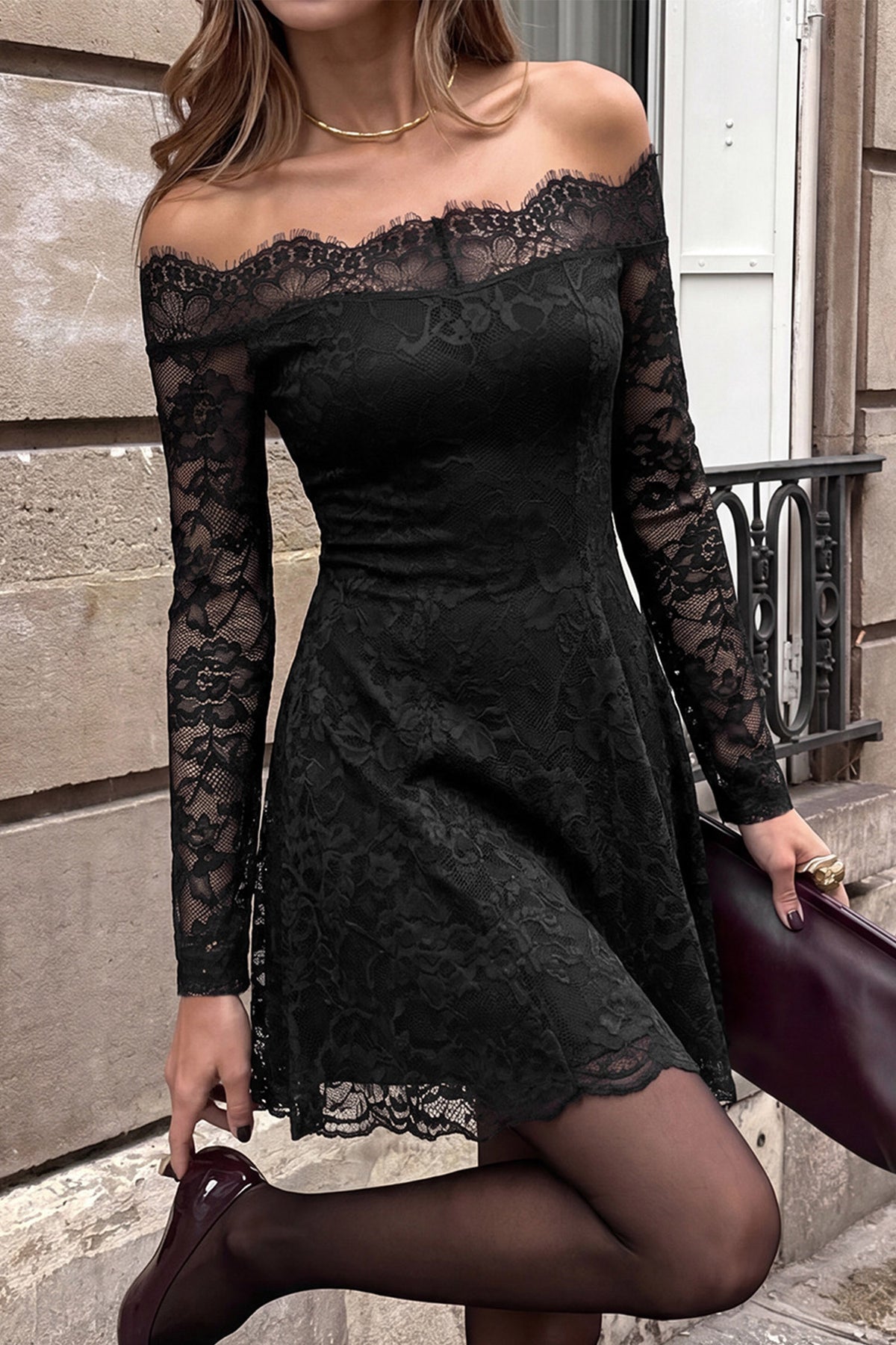 Black Off Shoulder Floral Lace Long Sleeve Fit Flare Mini Dress