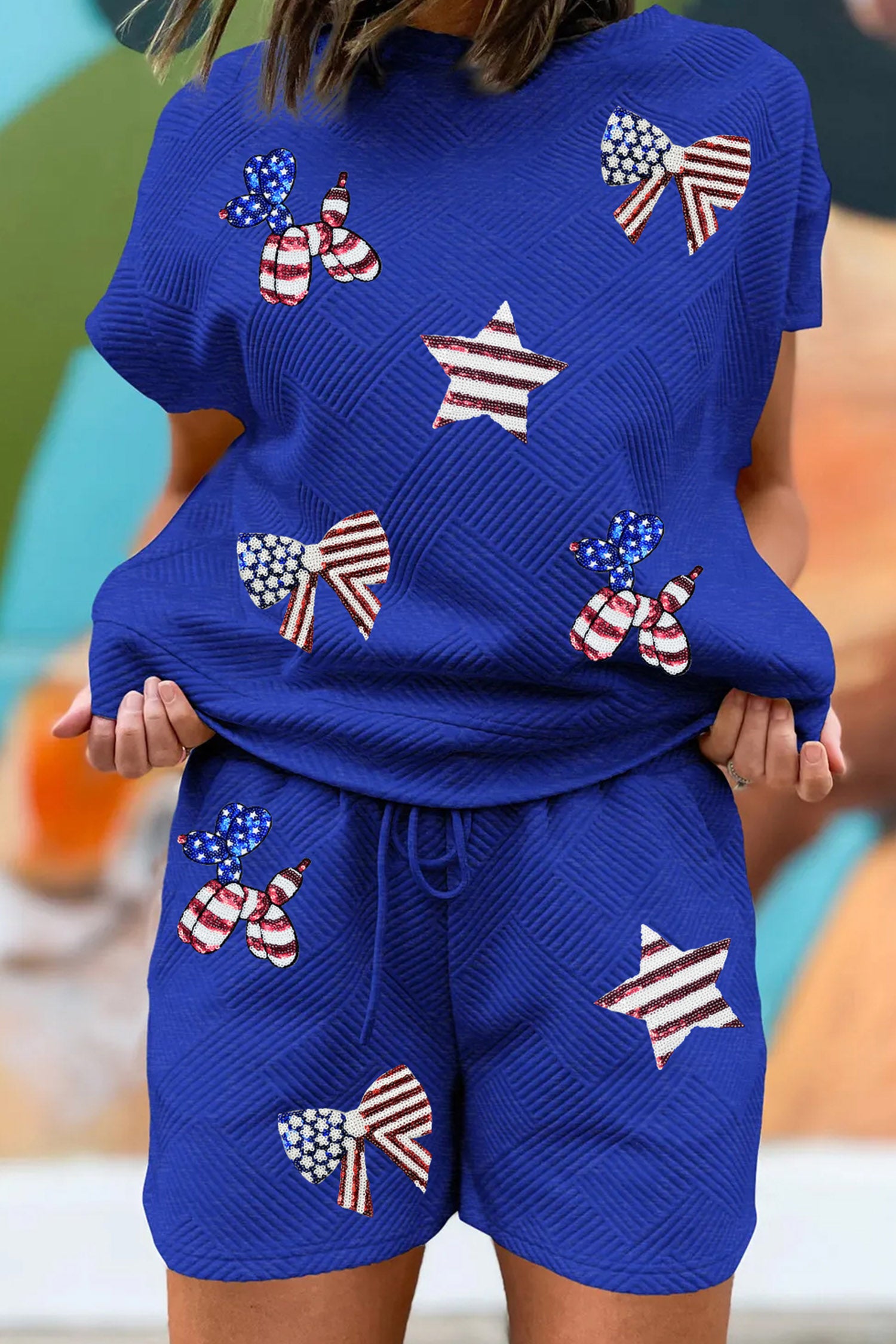 Dark Blue Textured Sequin Patched Patriotic Graphic Short Set
