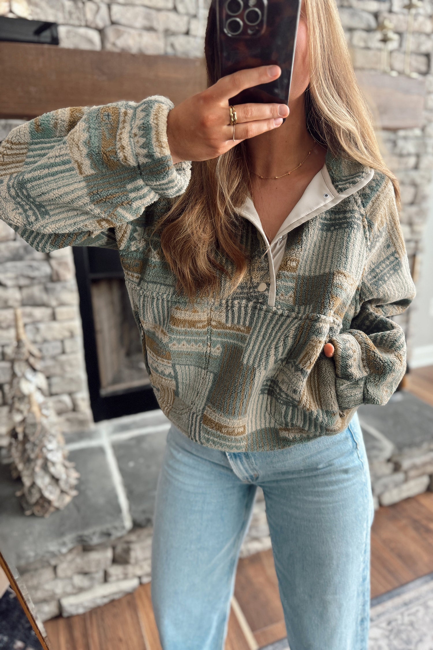Green Western Print Fleece Pullover Long Sleeve Casual Fit Sweatshirt