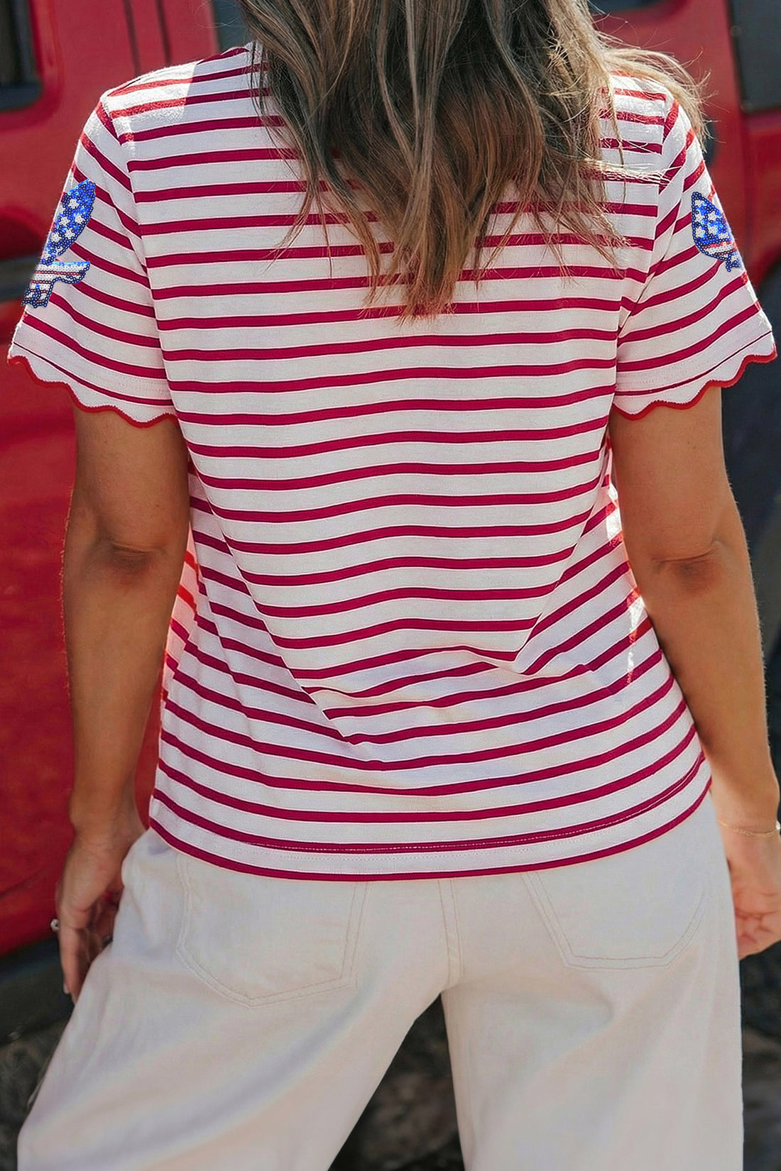 Red Stripe Patriotic Eagle Sequin Striped T-Shirt