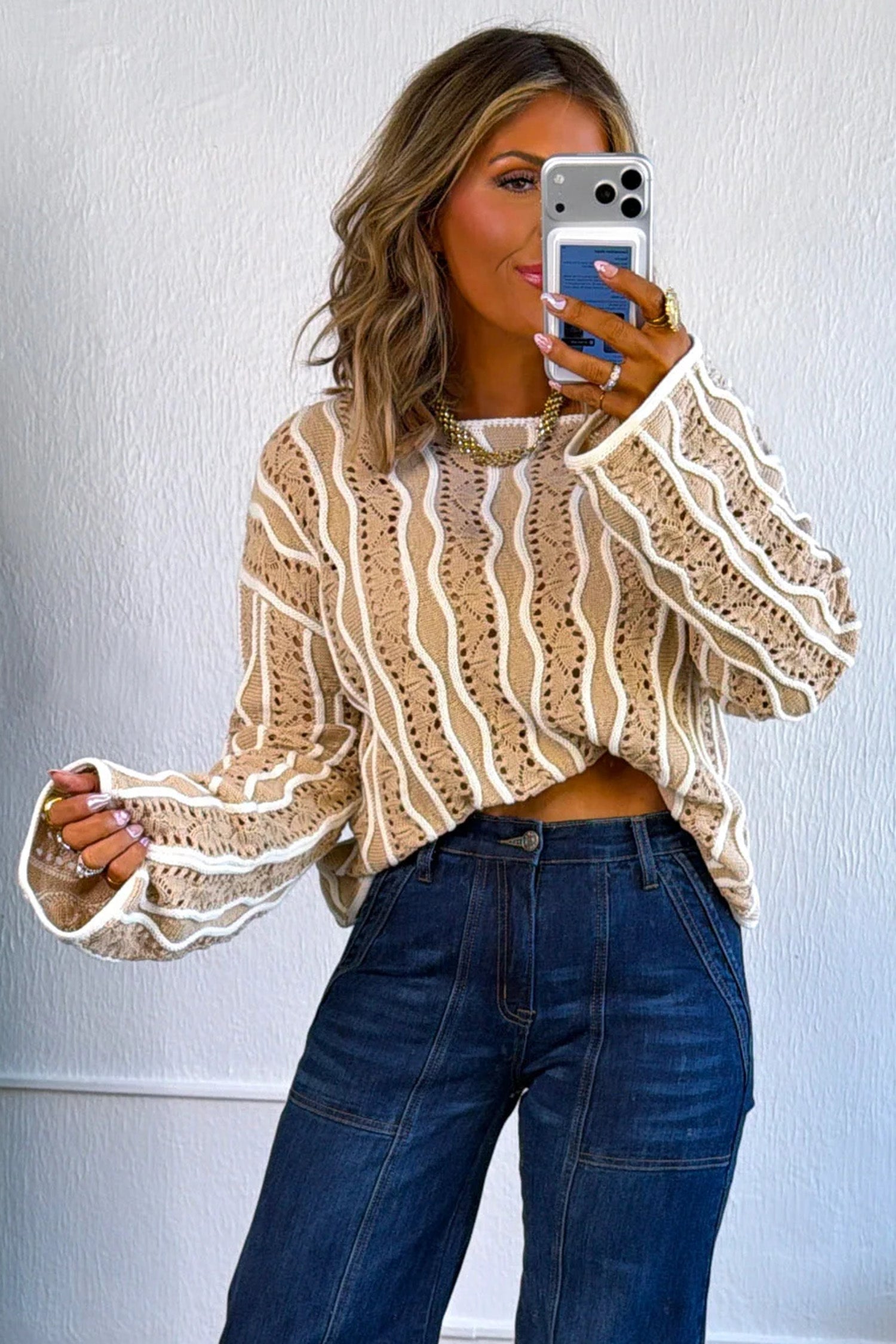 Khaki Wavy Detail Hollow Out Knit Long Sleeve Cotton Pullover Sweater