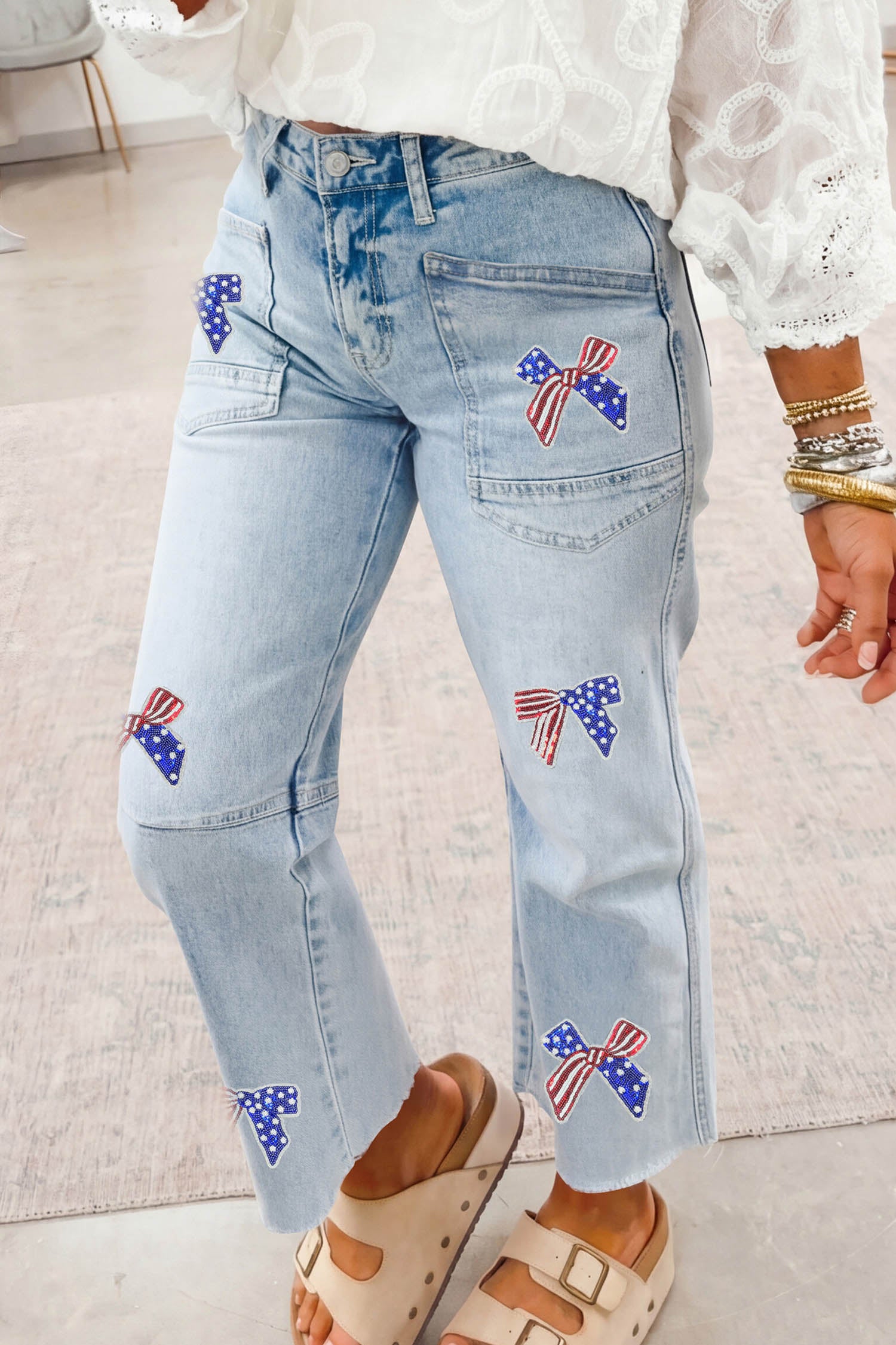 Beau Blue Patriotic Sequin Bow Patched Ankle-Length Shift Jeans