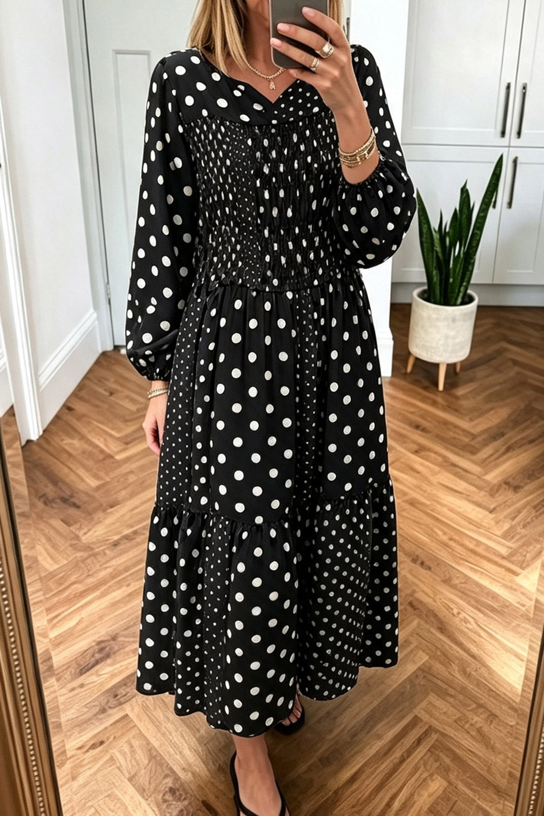 Black Polka Dot Contrast Patchwork Long Sleeve Shift Dress