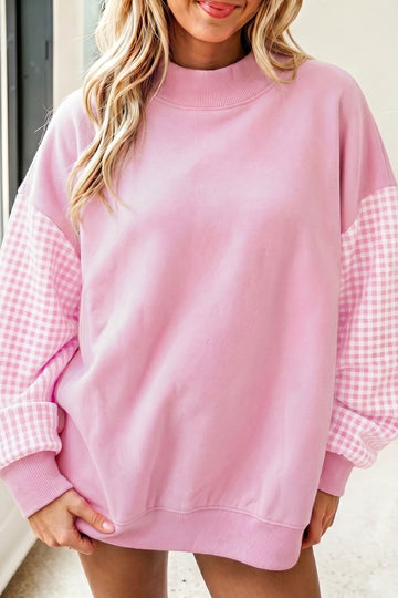 Pink Plaid Sleeve Colorblock Loose Tunic Sweatshirt
