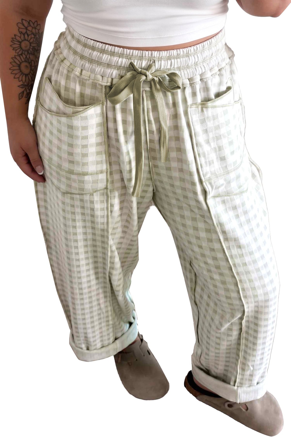 Green Plus Size Plaid Seam Detail Drawstring Waist Casual Pants