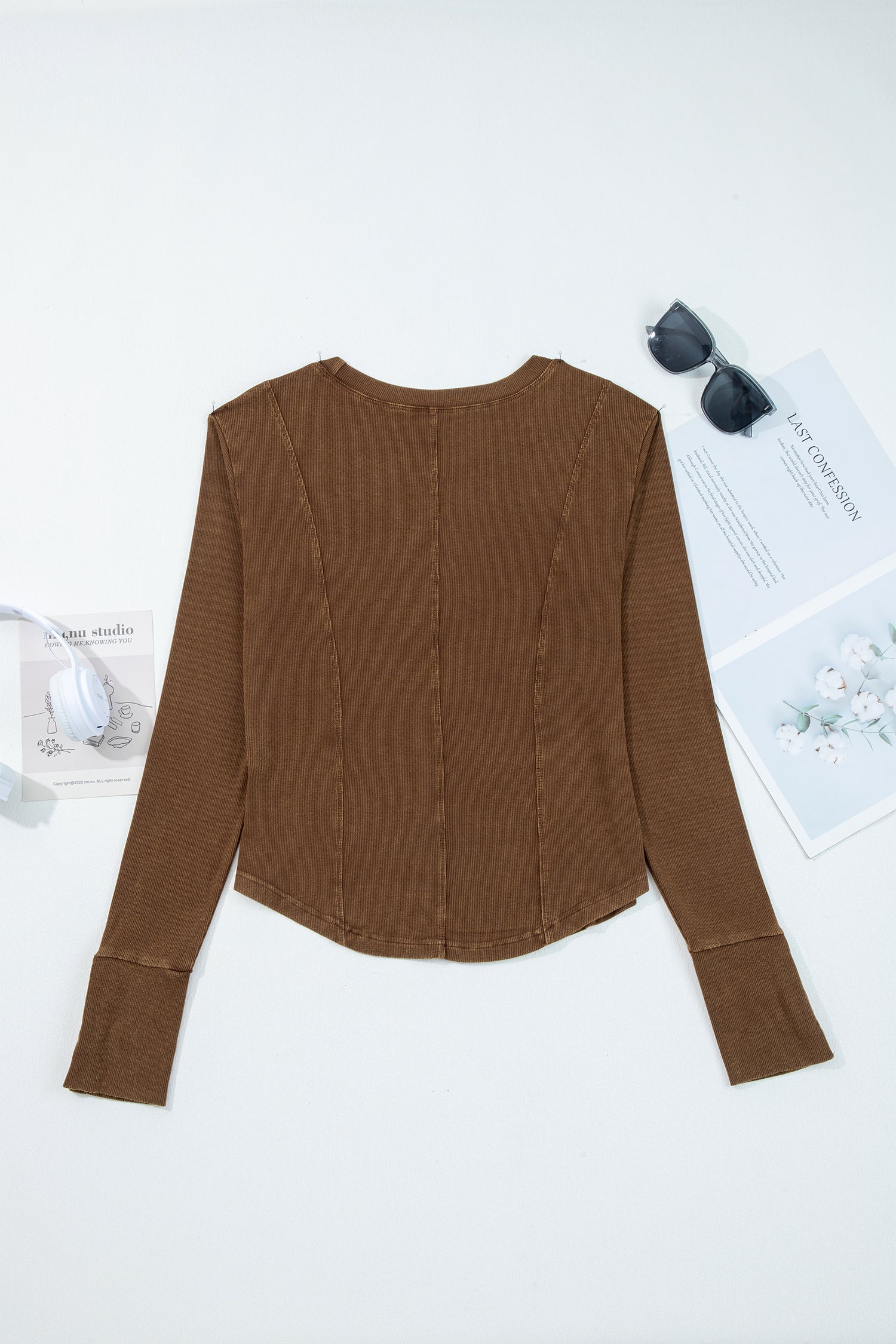 Coffee Exposed Seam Ribbed Long Sleeve Top