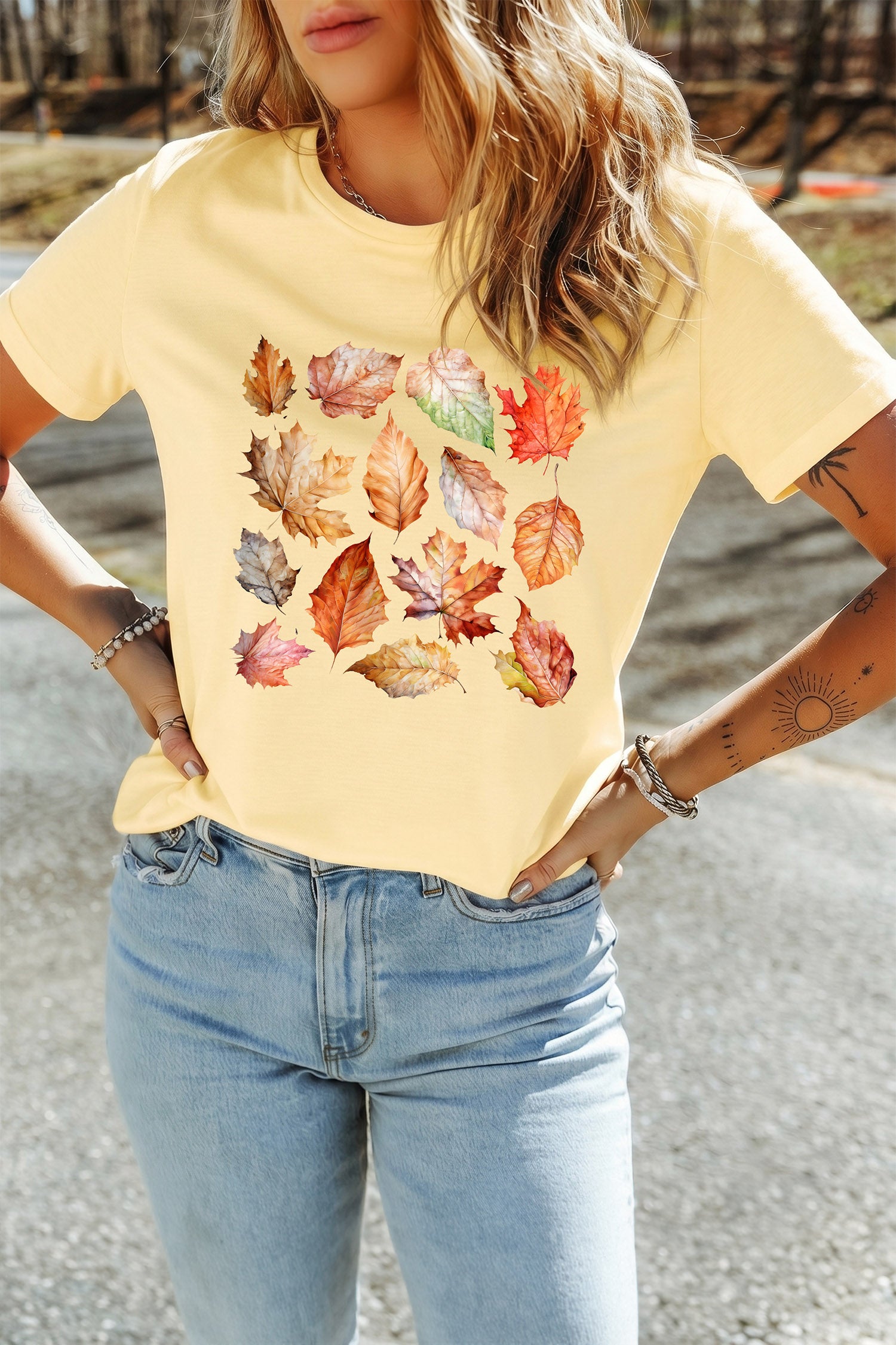 Yellow Cream Autumn Leaves Heat Transferring Print Thanksgiving T-Shirt