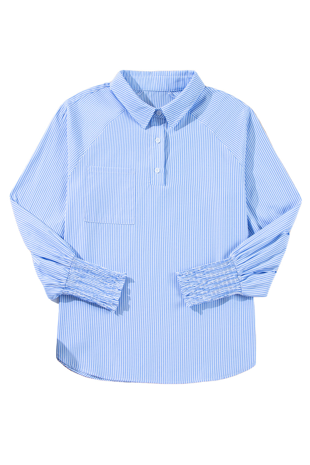 Sky Blue Stripe Pinstripe Long Sleeve Smocked Cuffs Button Shirt Collar Blouse
