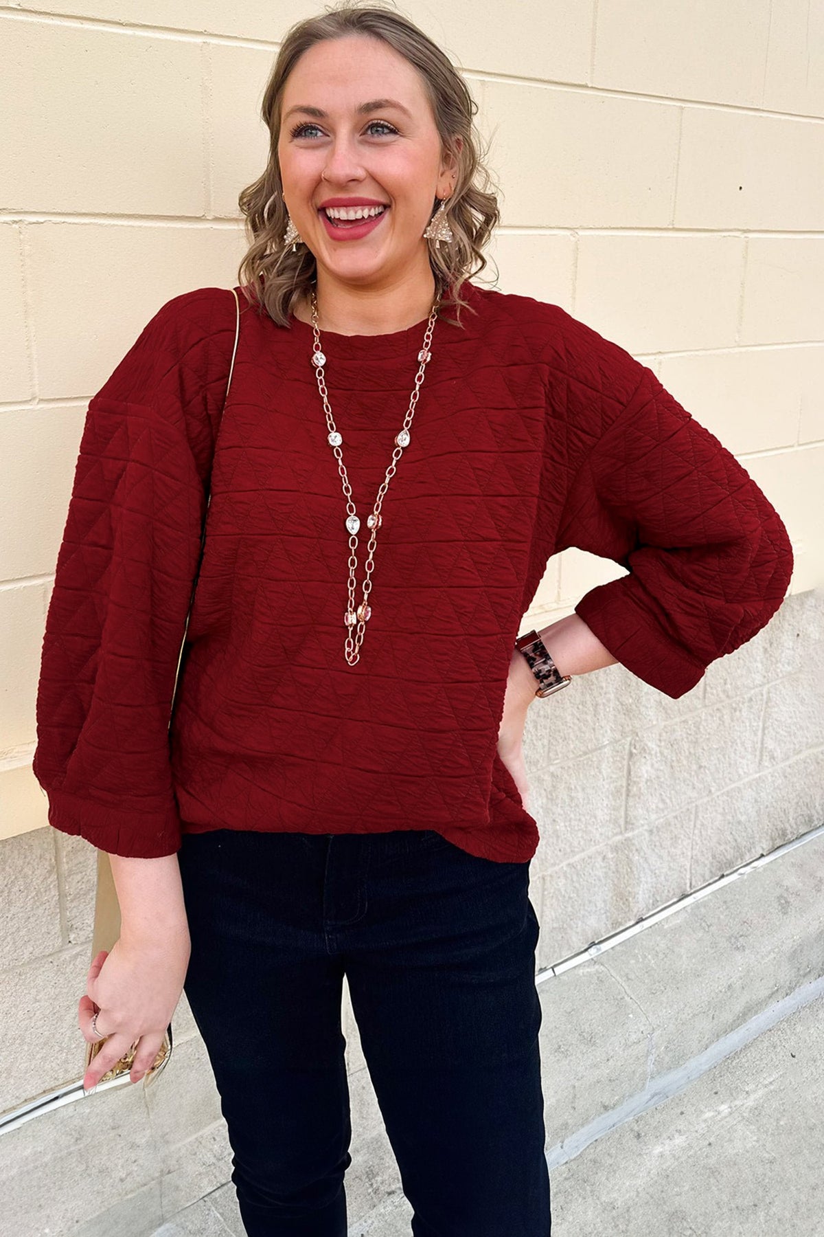 Racing Red Solid Round Neck Tunic Adjustable Cuffs Shift Plus Size Blouse