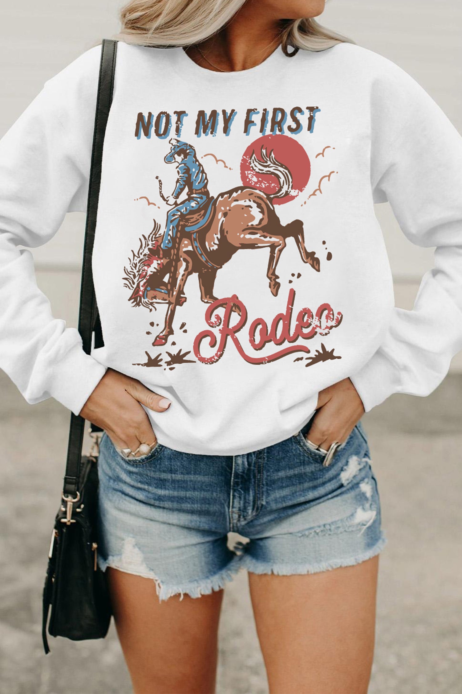 White NOT MY FIRST Rodeo Western Print Pullover Sweatshirt