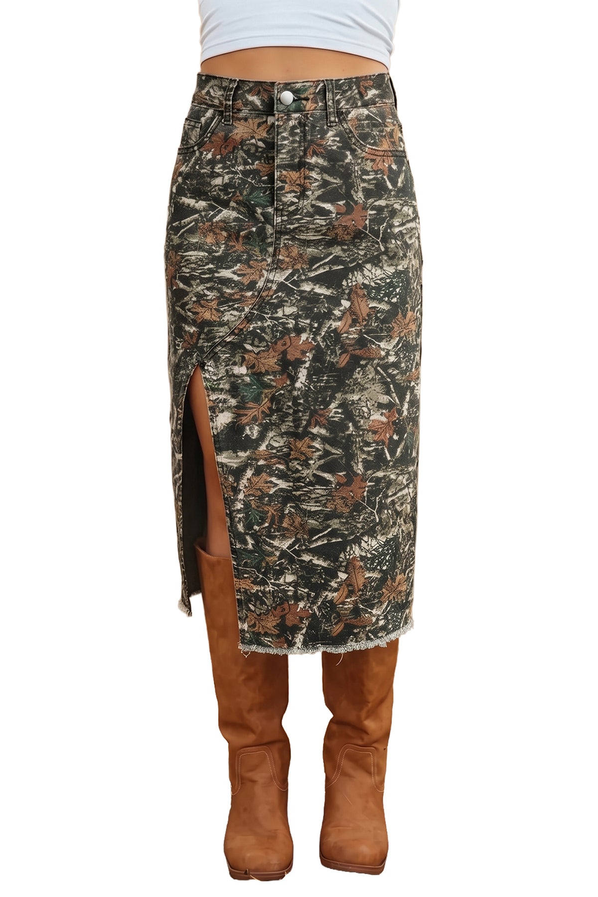 Multicolour Woodland Camouflage Split Raw Hem Midi Western Skirt