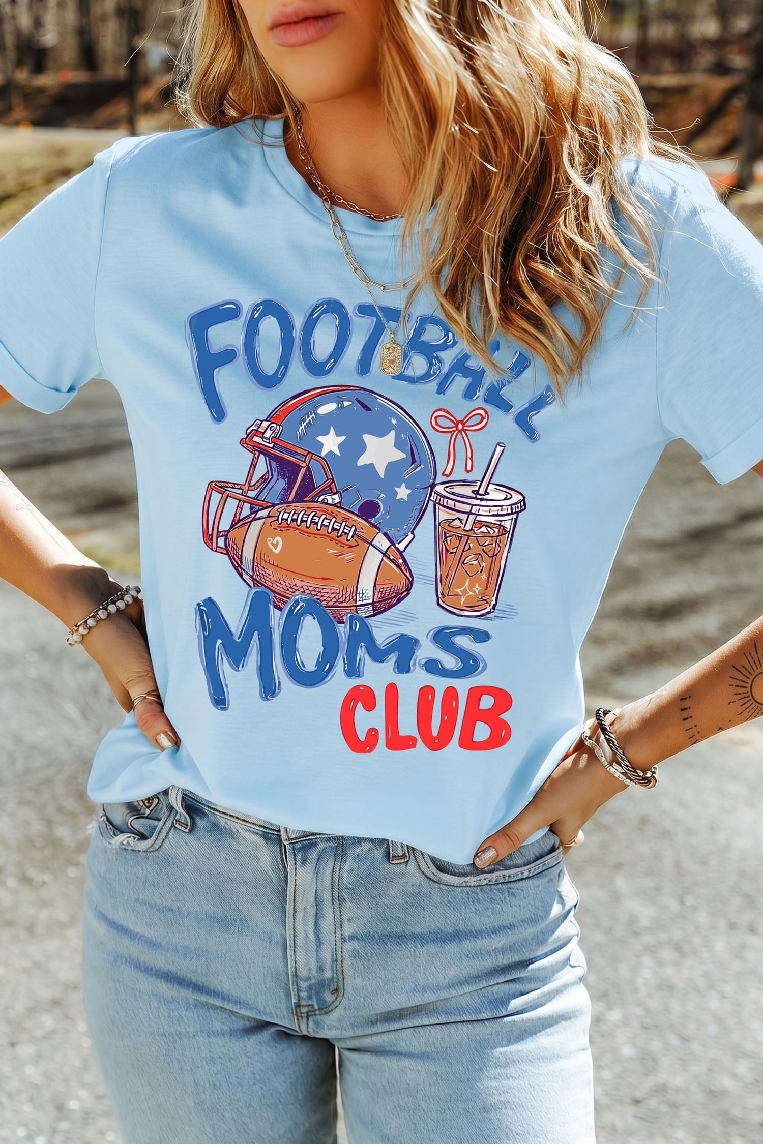 Light Blue FOOTBALL MOMS CLUB Game Day Graphic T Shirt