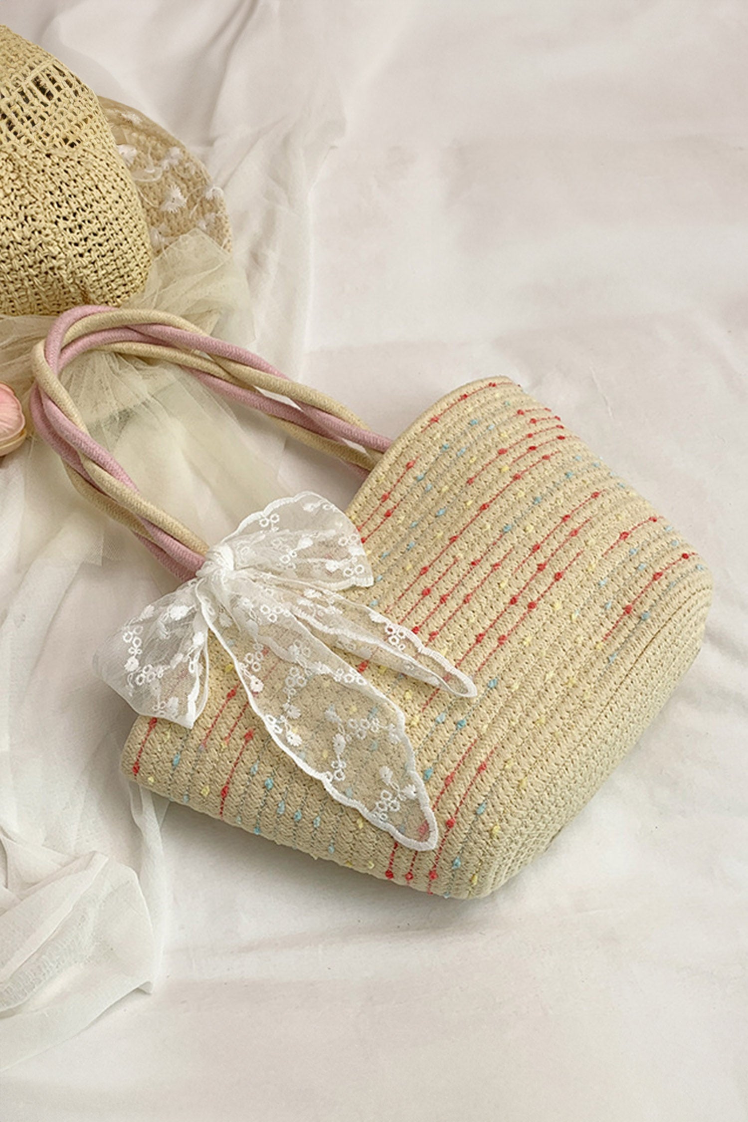 Parchment Boho Style Lace Bow Detail Handcrafted Straw Tote Bag