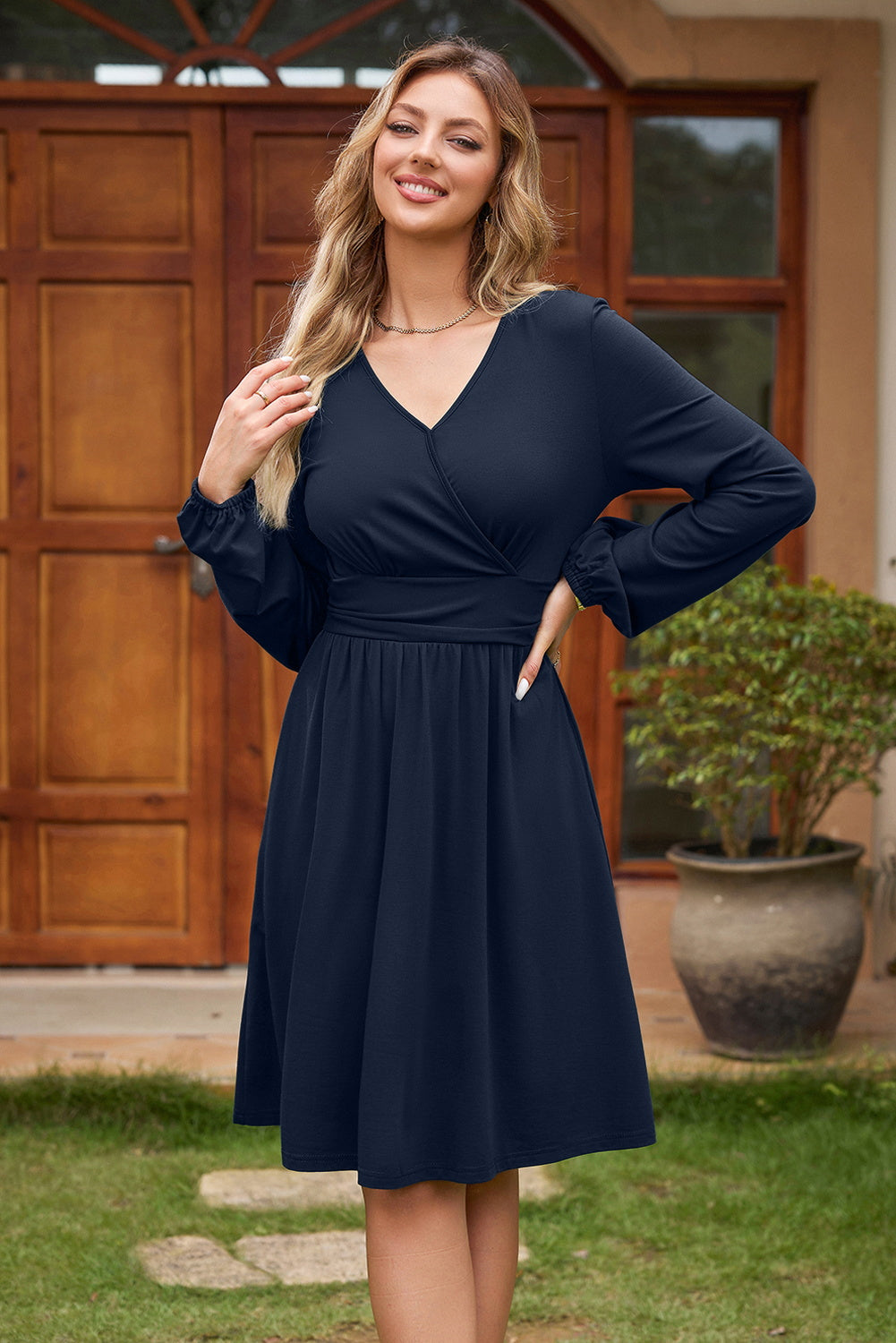 Dirty blue Faux Wrap V Neck Long Sleeve Mini Dress