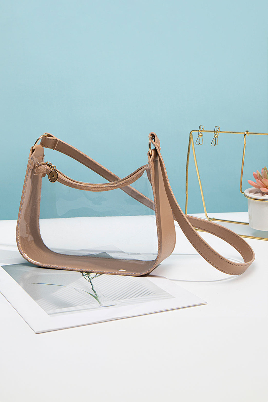 Camel PU Leather Trim Clear Shoulder Bag