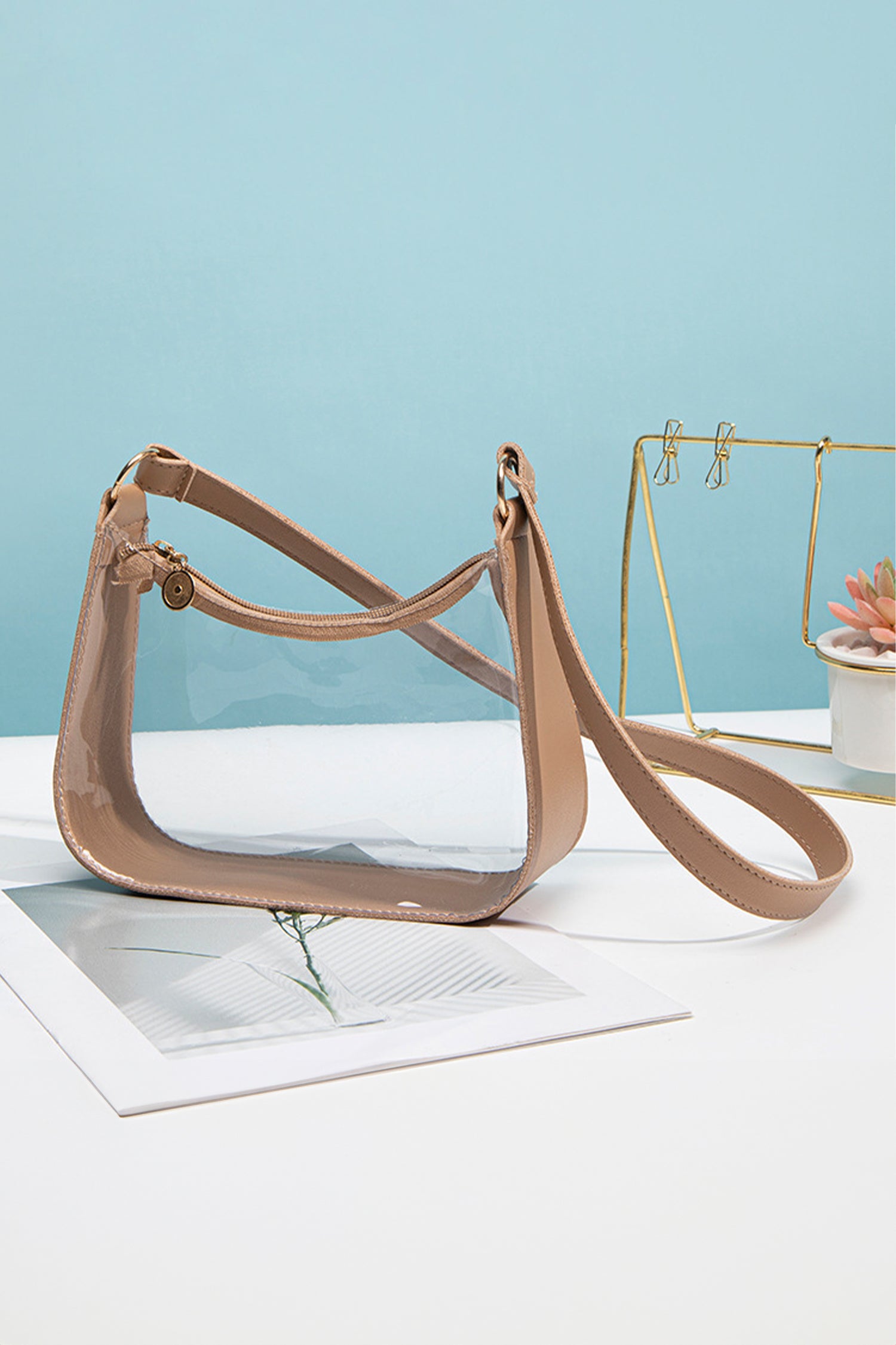Camel PU Leather Trim Clear Shoulder Bag