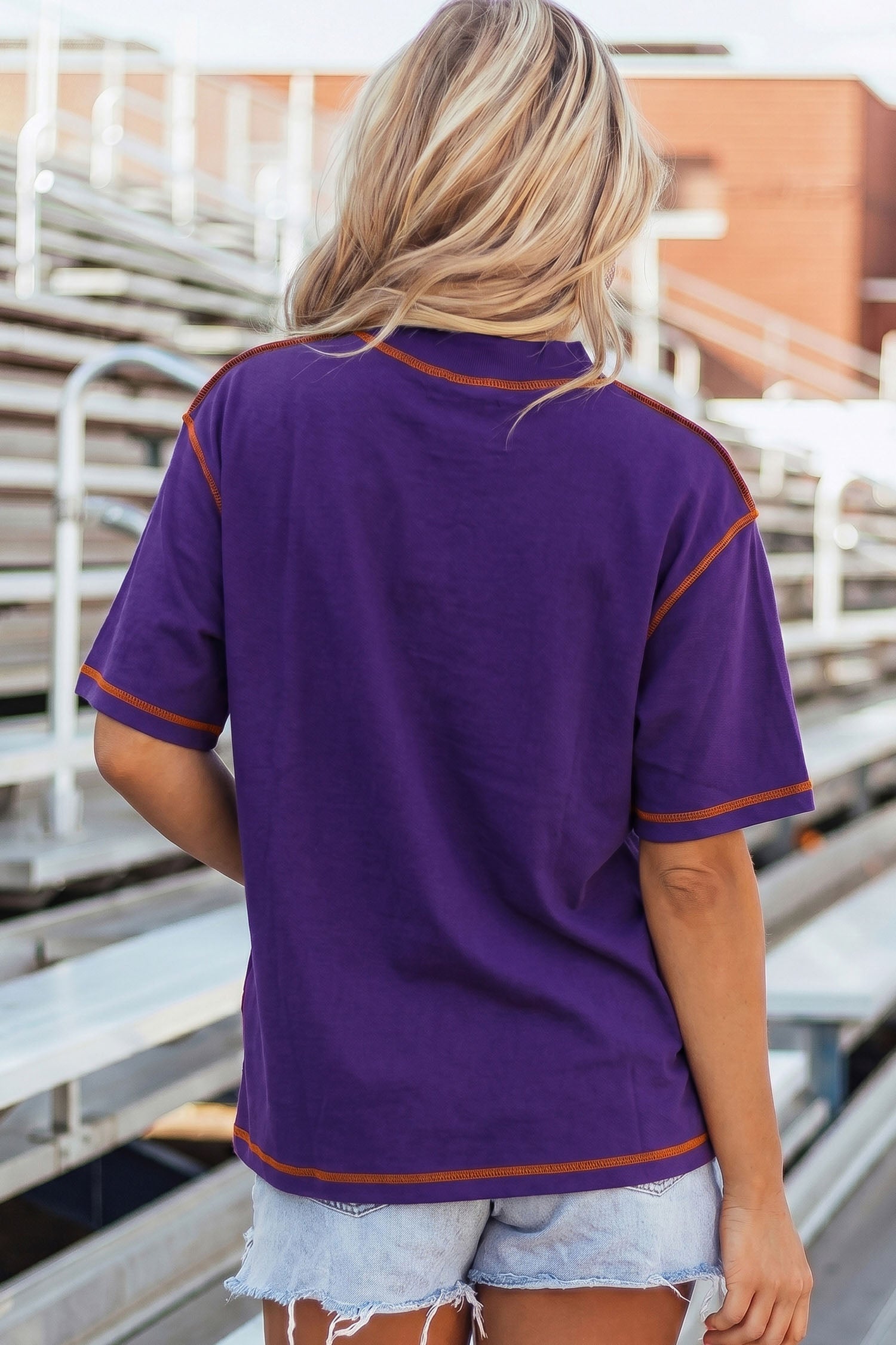 Tillandsia Purple Contrast Stitched Detail Sequin Bow Game Day T Shirt