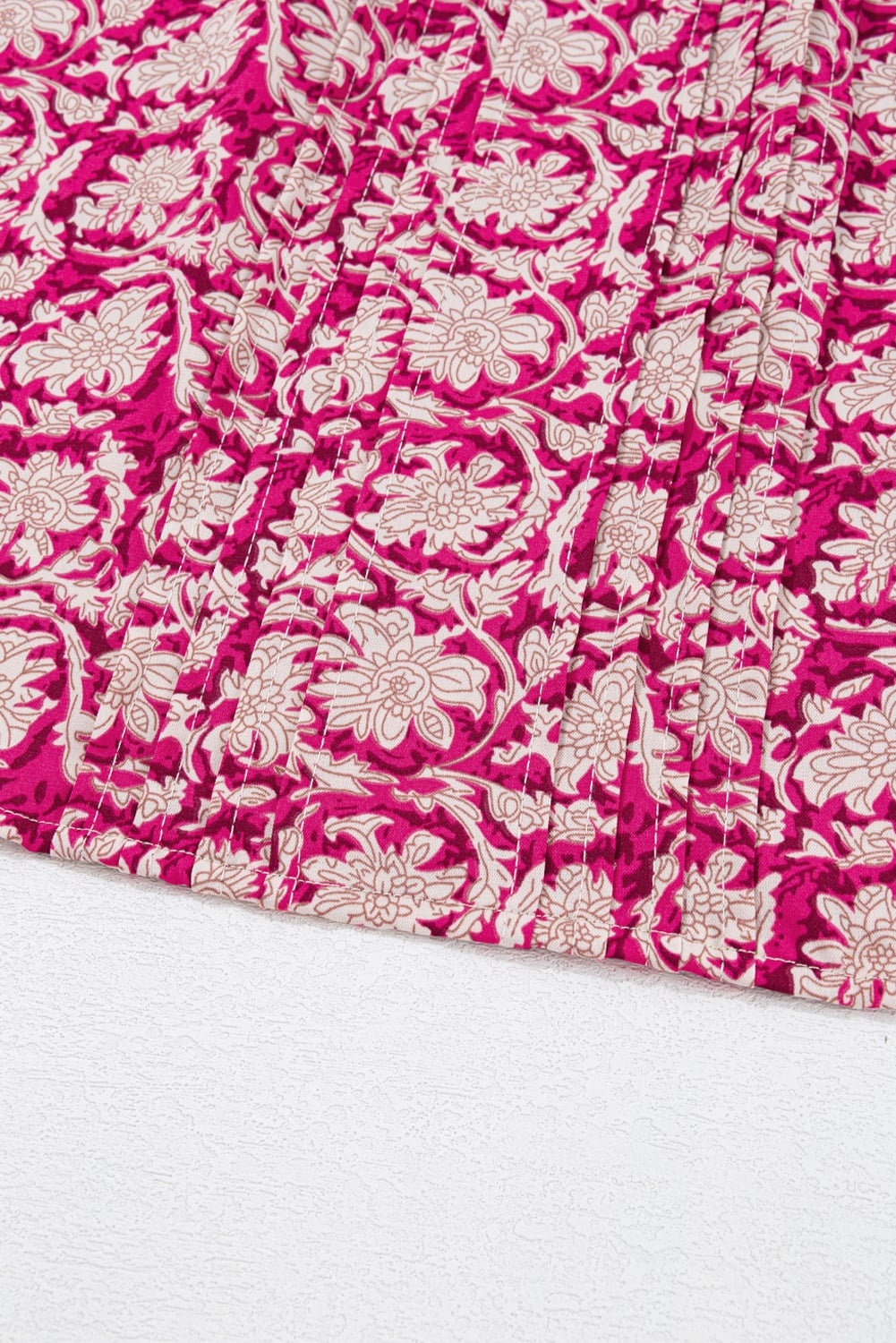 Pink Floral Print Split Neck Pleated Puff Sleeve Blouse