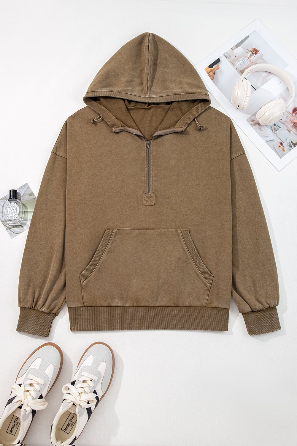 Elmwood Half Zip Kangaroo Pocket Mineral Wash Baggy Hoodie