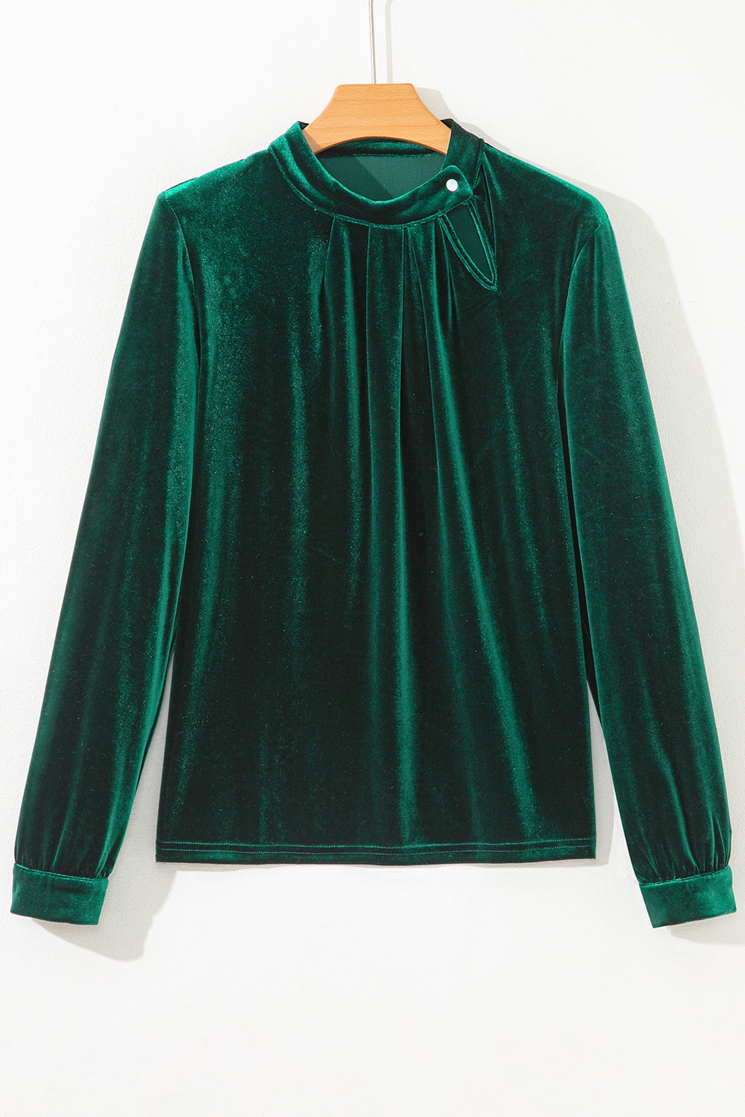 Evergreen Asymmetric Button Keyhole Neck Long Sleeve Velvet Blouse