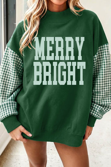 Evergreen Christmas MERRY BRIGHT Slogan Plaid Sleeve Patchwork Sweatshirt