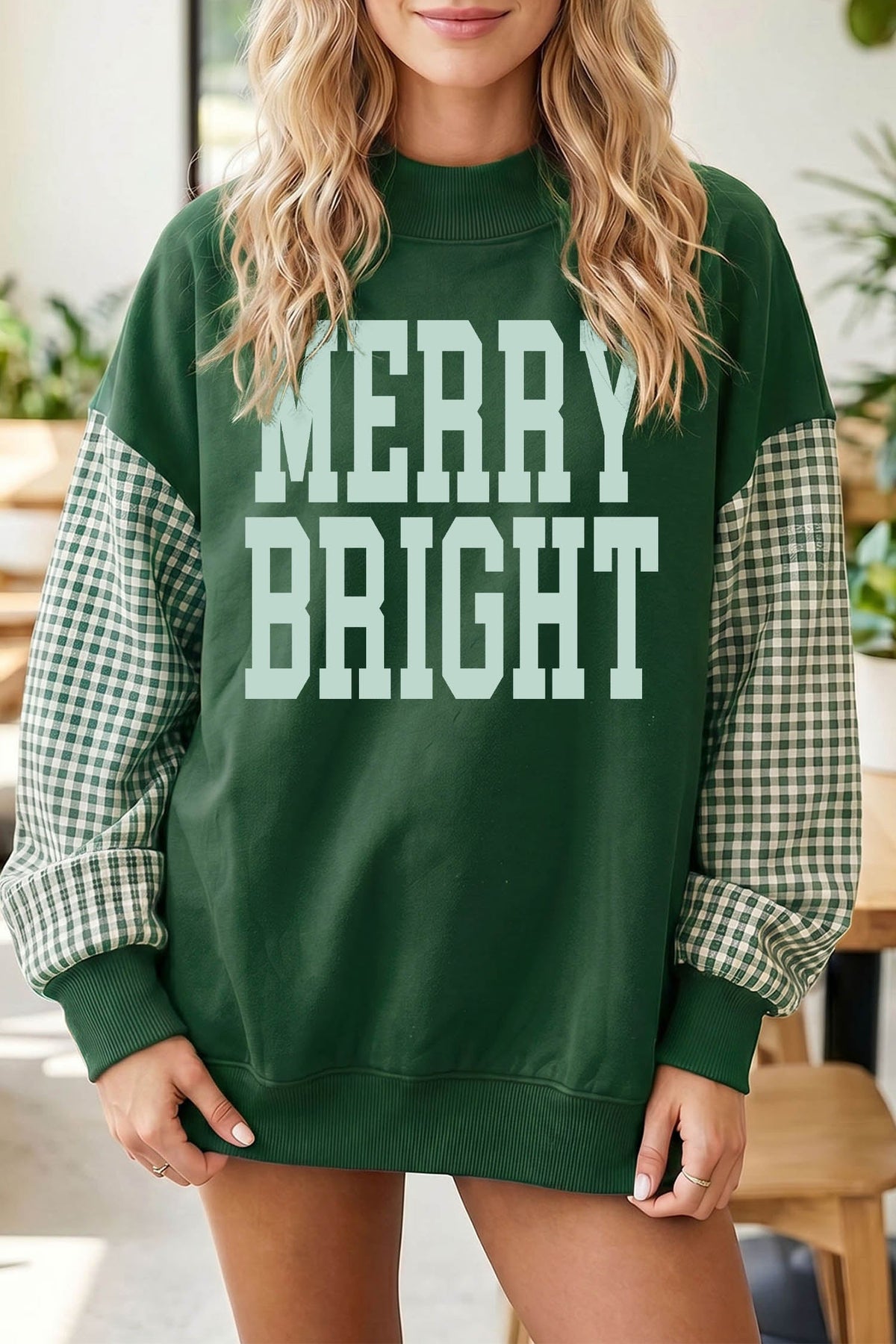 Evergreen Christmas MERRY BRIGHT Slogan Plaid Sleeve Patchwork Sweatshirt