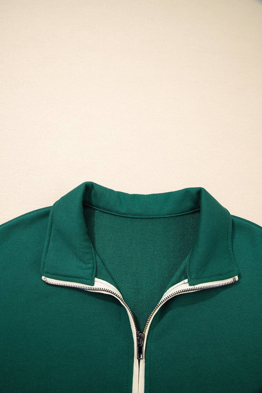 Evergreen Contrast Trim Zip Collar Long Sleeve Ruffle Hem Mini Dress
