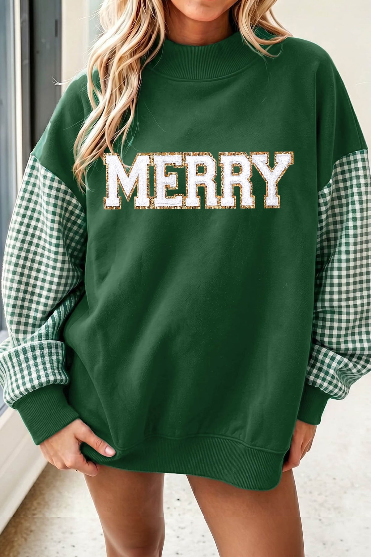 Evergreen Glitter MERRY Patch Graphic Plaid Sleeve Tunic Sweatshirt